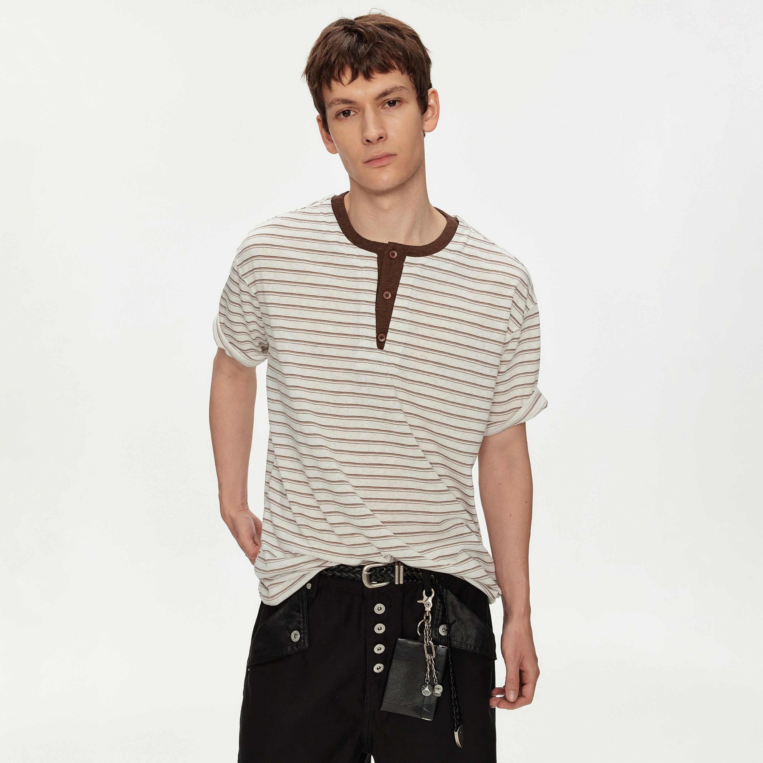 MADWITCH LINEN HENLEY STRIPE TEE #991382
