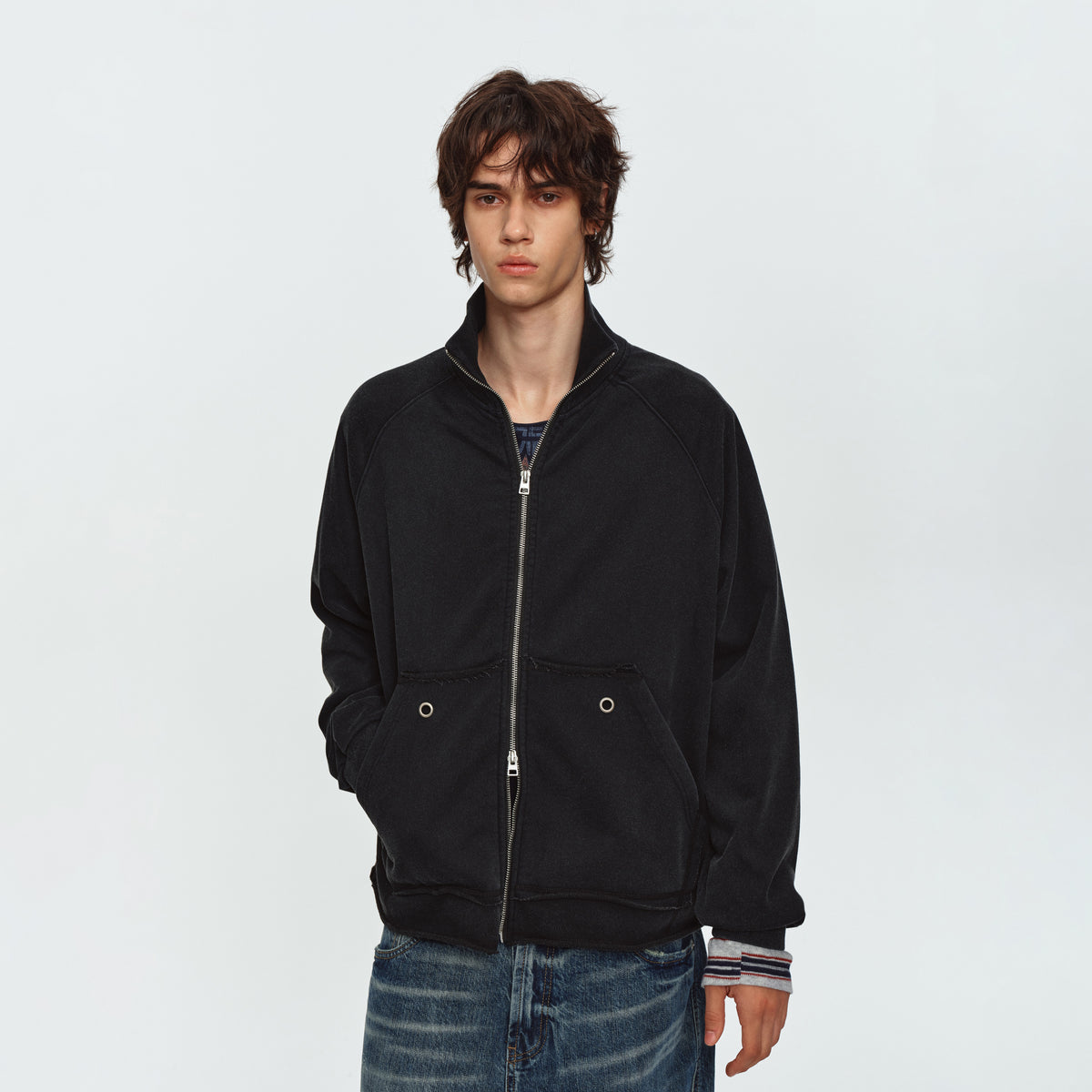 MADWITCH WASHED EYELET-POCKET ZIP SWEATSHIRT JACKET #CW1382