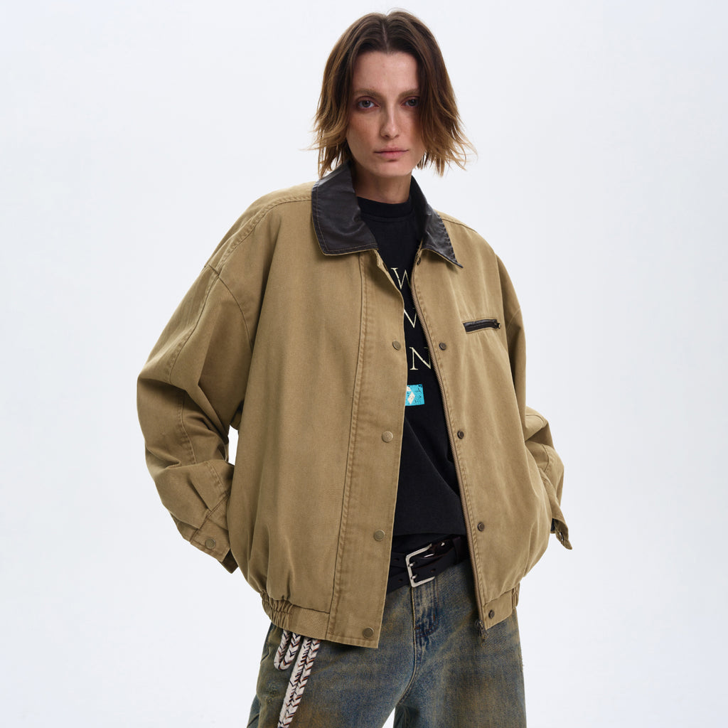 MADWITCH COLOR-BLOCK LEATHER COLLAR JACKET #W219