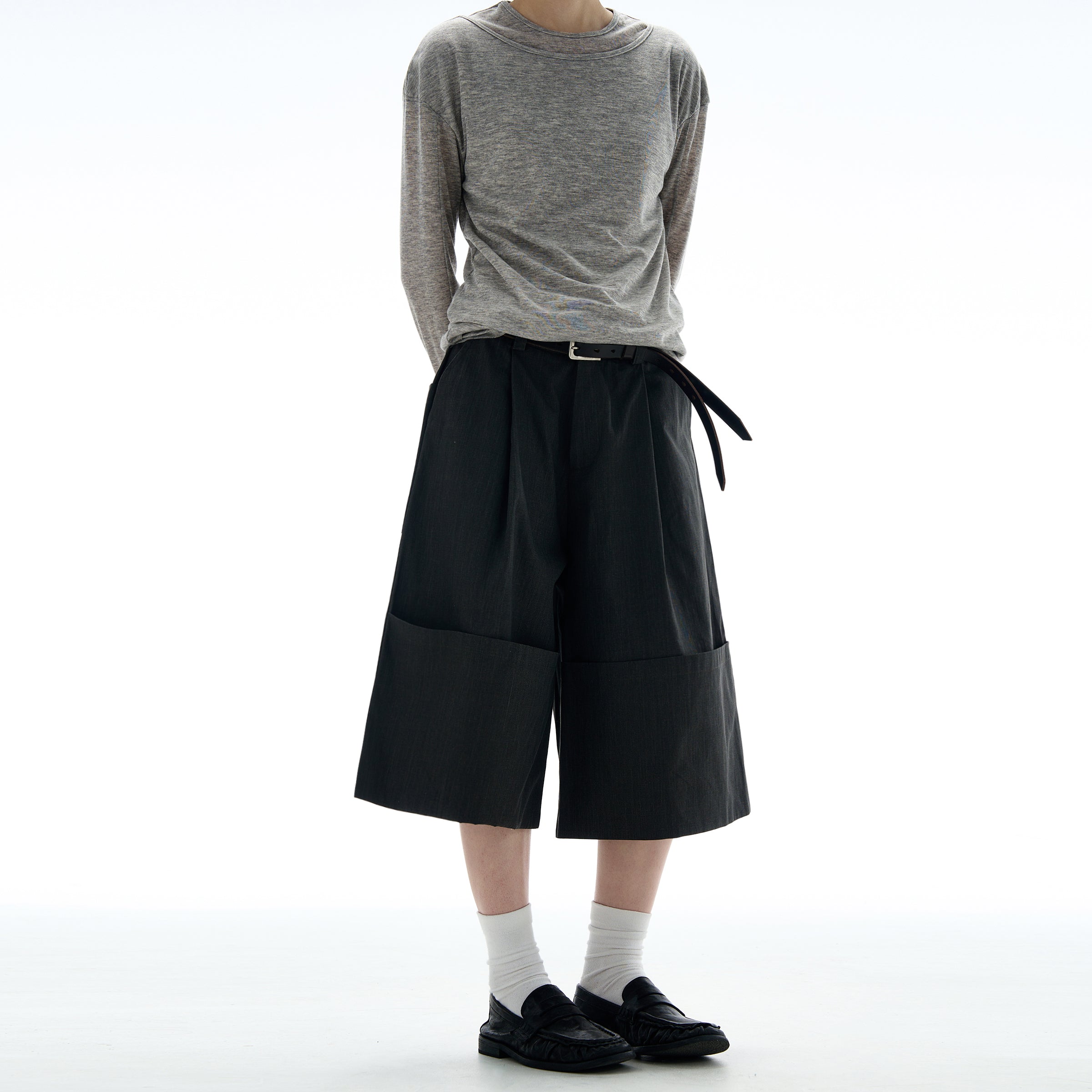 MADWITCH ROLLED HEM WIDE LEG CROP PANTS #C009