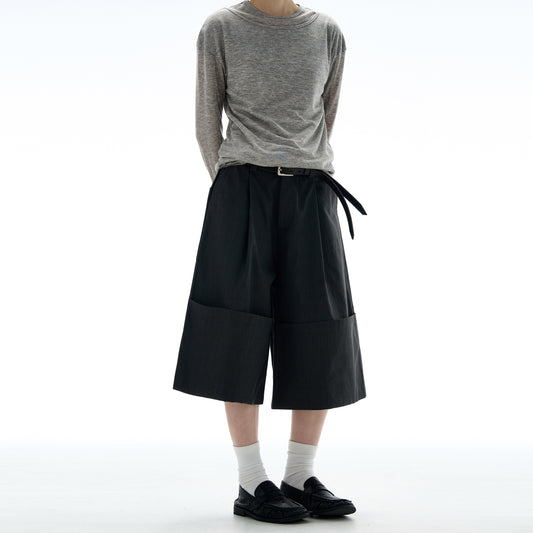 MADWITCH ROLLED HEM WIDE LEG CROP PANTS #C009