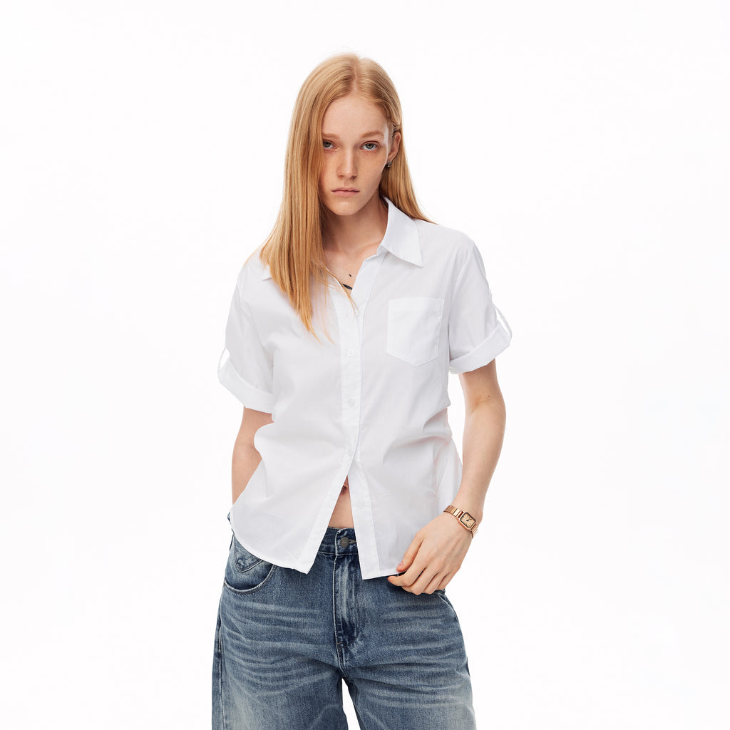 MADWITCH RUFFLED WAIST SINGLE POCKET SHORT SLEEVE SHIRT #G26472