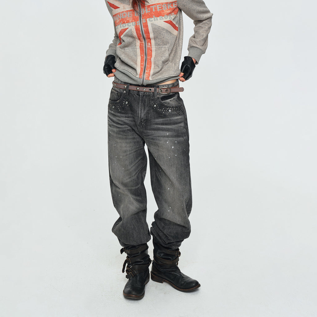 MADWITCH RHINESTONE WASHED WIDE-LEG JEANS #G60078