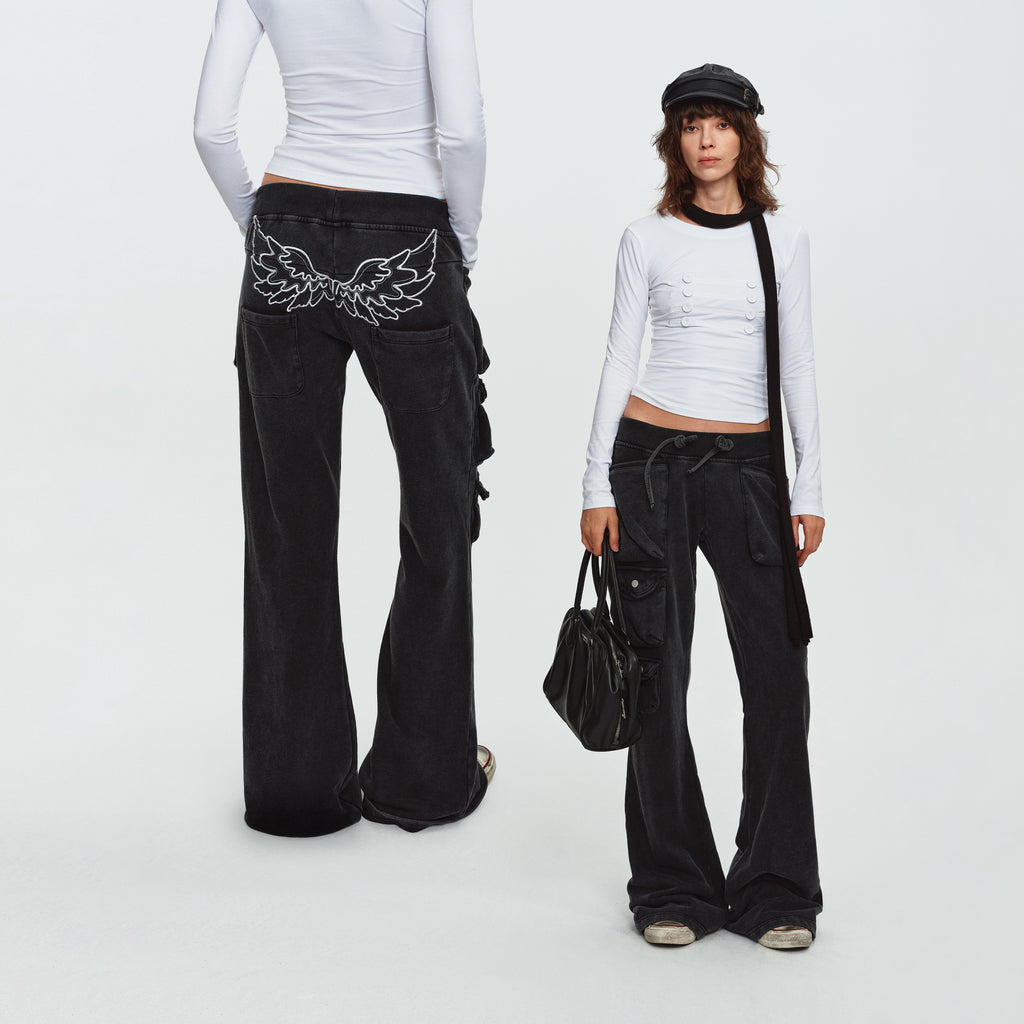 MADWITCH WING-EMBROIDERED WASHED FLARED CARGO SWEATPANTS #L2026705