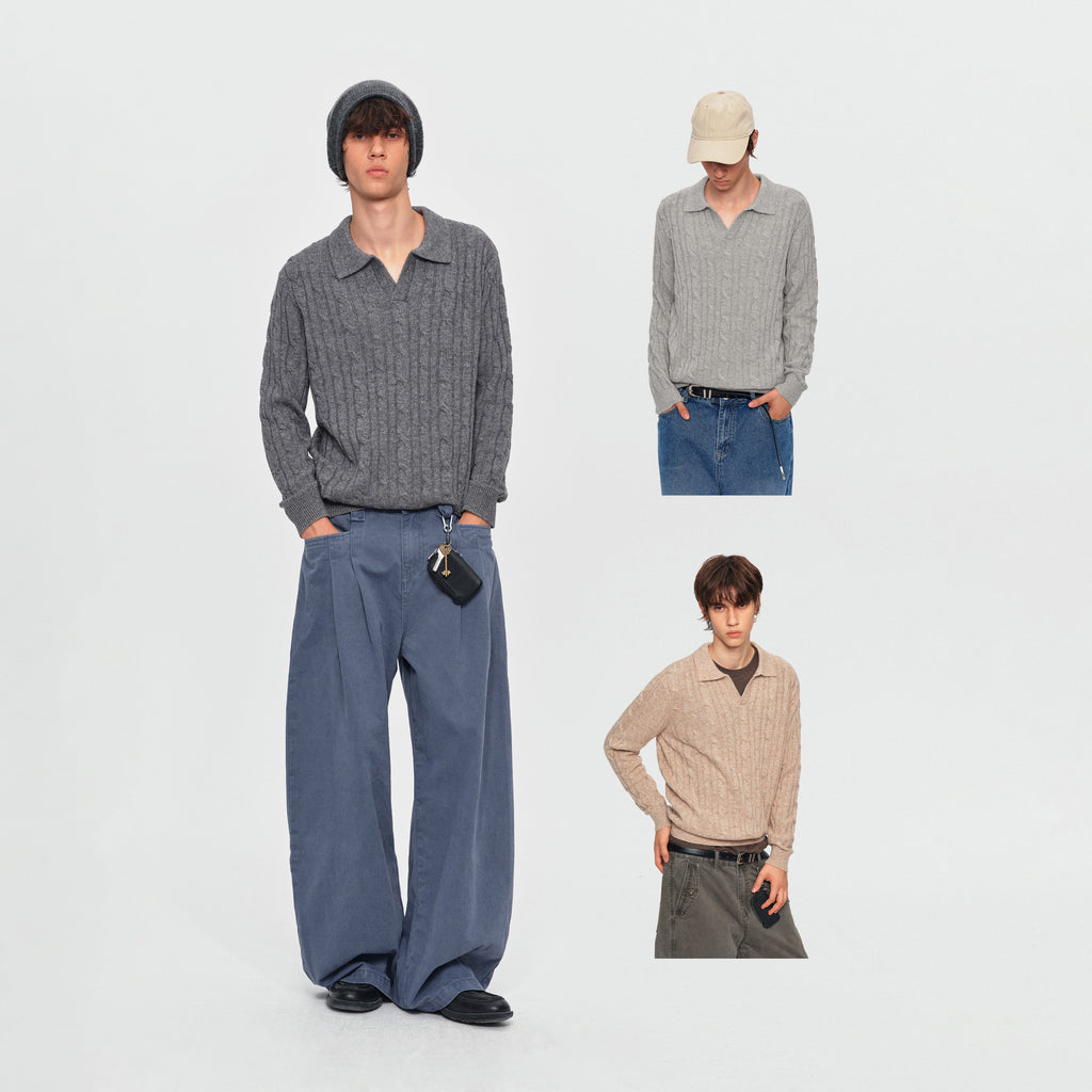 MADWITCH TEXTURED CABLE-KNIT WOOL-BLEND POLO SWEATER #11892