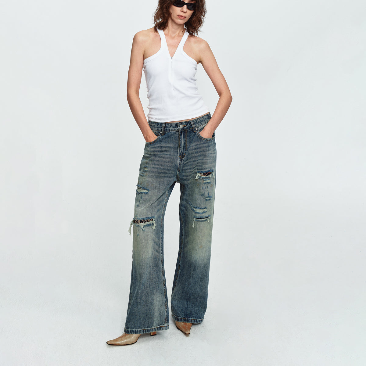 MADWITCH LEOPARD-POCKET DISTRESSED WIDE-LEG JEANS #G60073