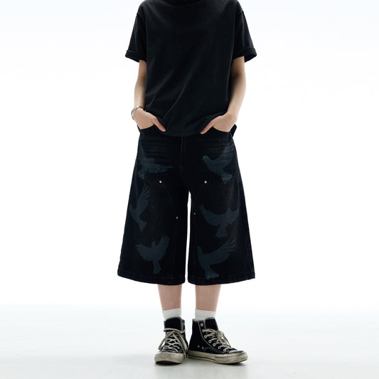 MADWITCH VINTAGE PRINTED CROPPED DENIM PANTS #L533