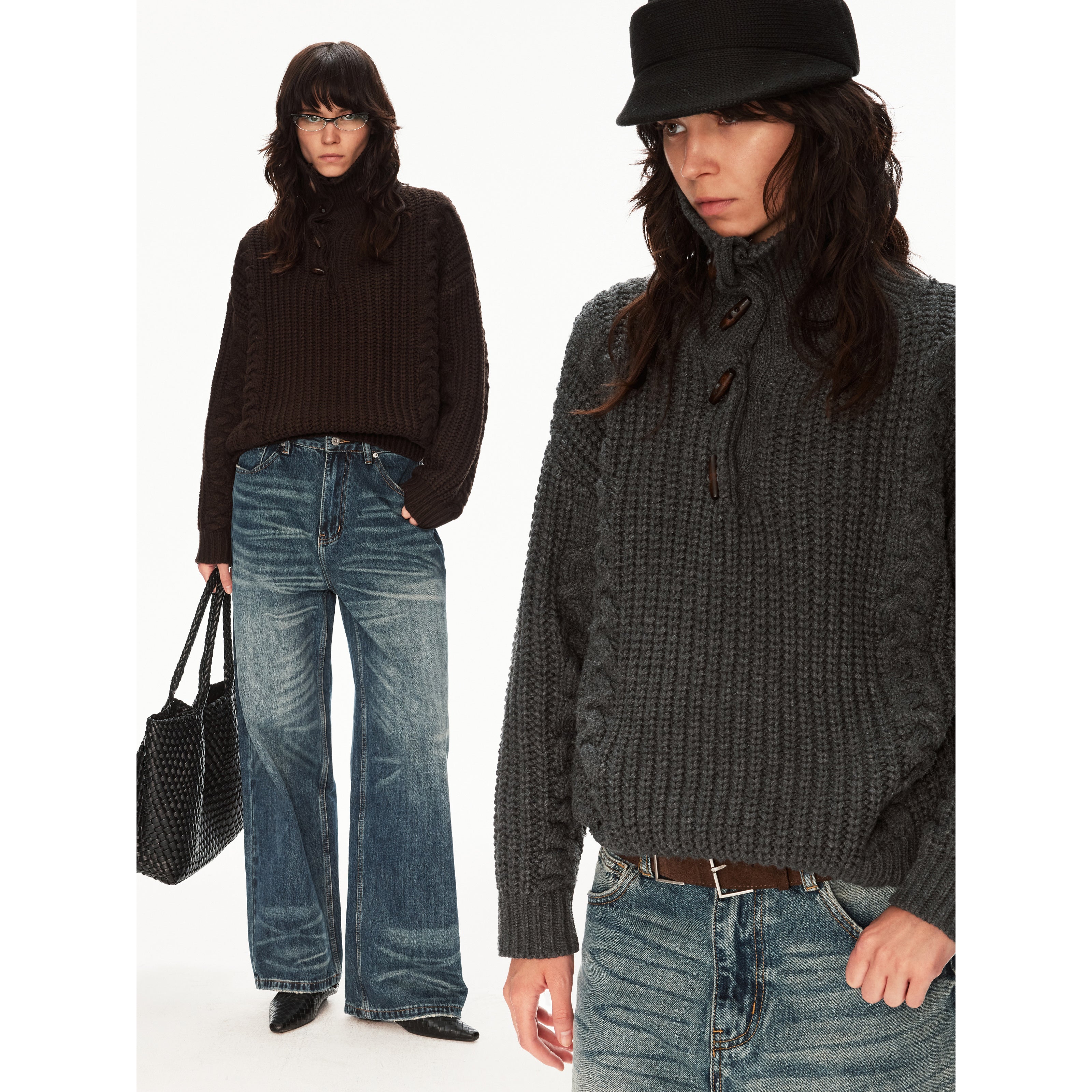 MADWITCH CABLE KNIT STAND COLLAR SWEATER #MY25612