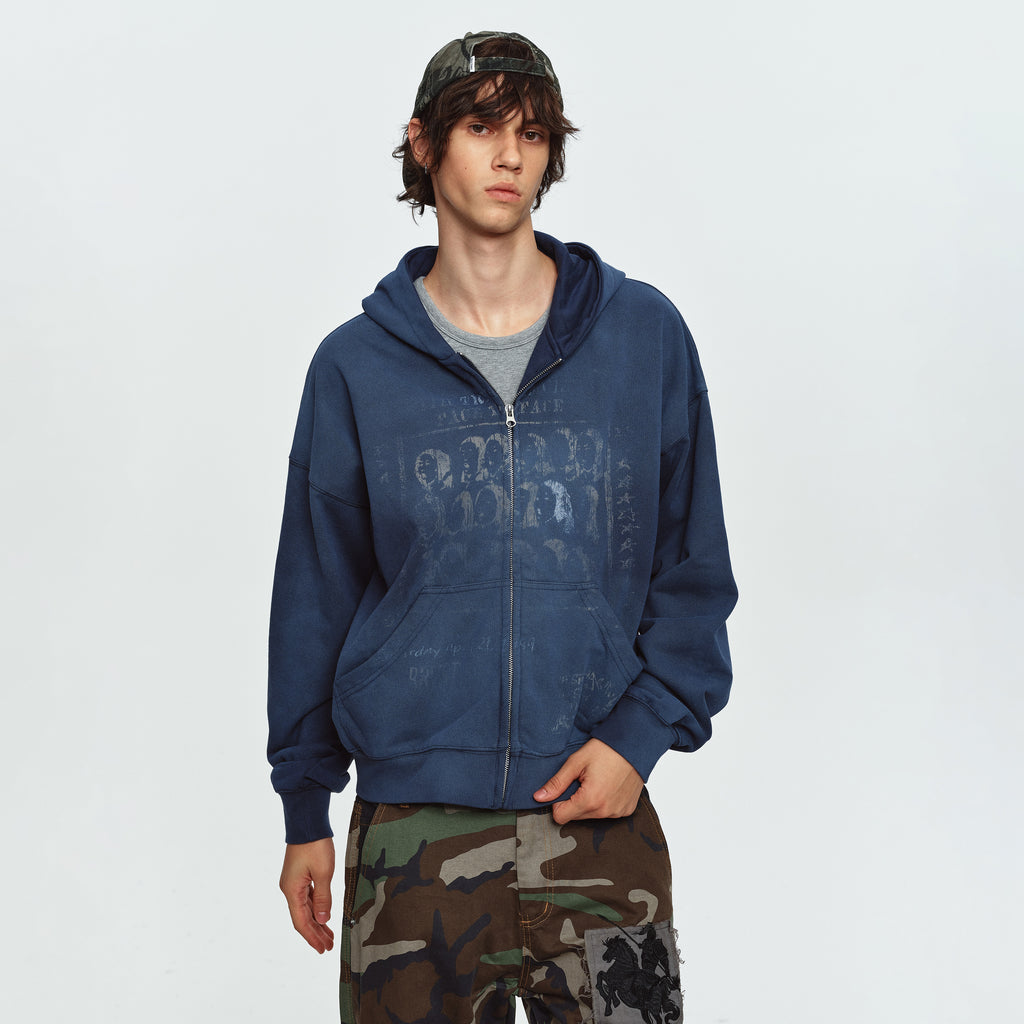 MADWITCH WASHED DISTRESSED PORTRAIT-GRAPHIC OVERSIZED ZIP HOODIE #27590