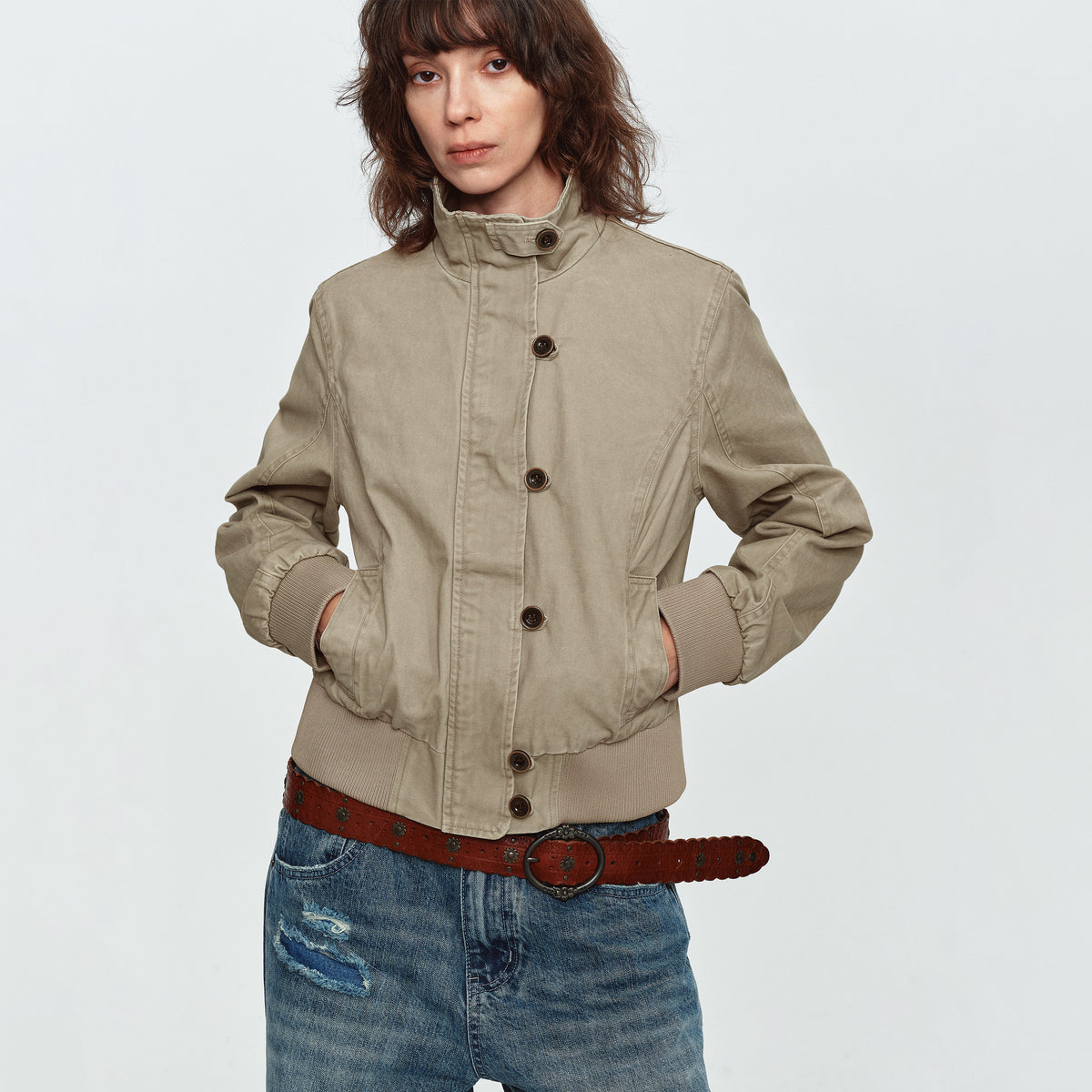 MADWITCH DRAWSTRING-BACK CROPPED STAND-COLLAR JACKET #N605