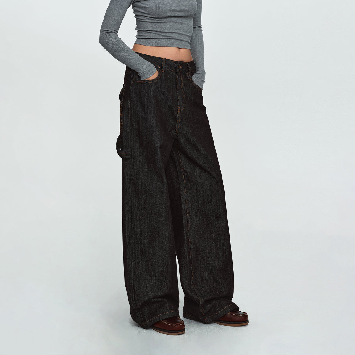 MADWITCH BACK-EMBROIDERED RAW-DENIM WIDE-LEG JEANS #DR8219