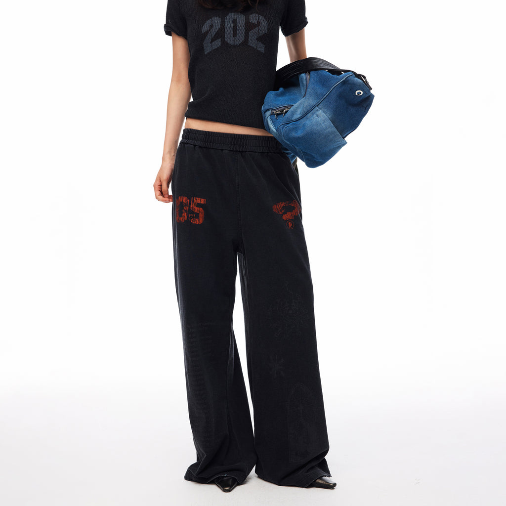 MADWITCH WASHED DISTRESSED PRINTED WIDE-LEG SWEATPANTS #CK61069