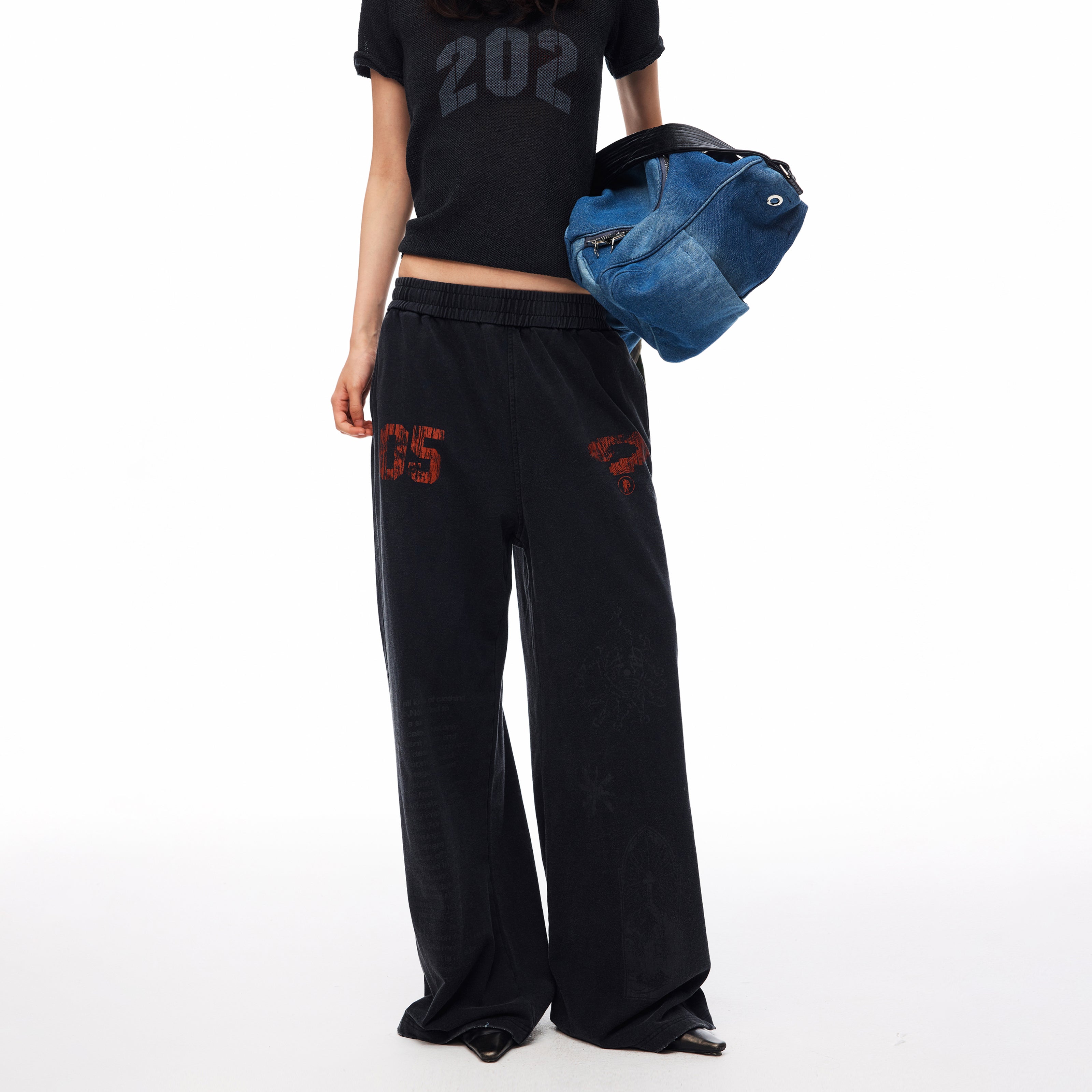 MADWITCH WASHED DISTRESSED PRINTED WIDE-LEG SWEATPANTS #CK61069