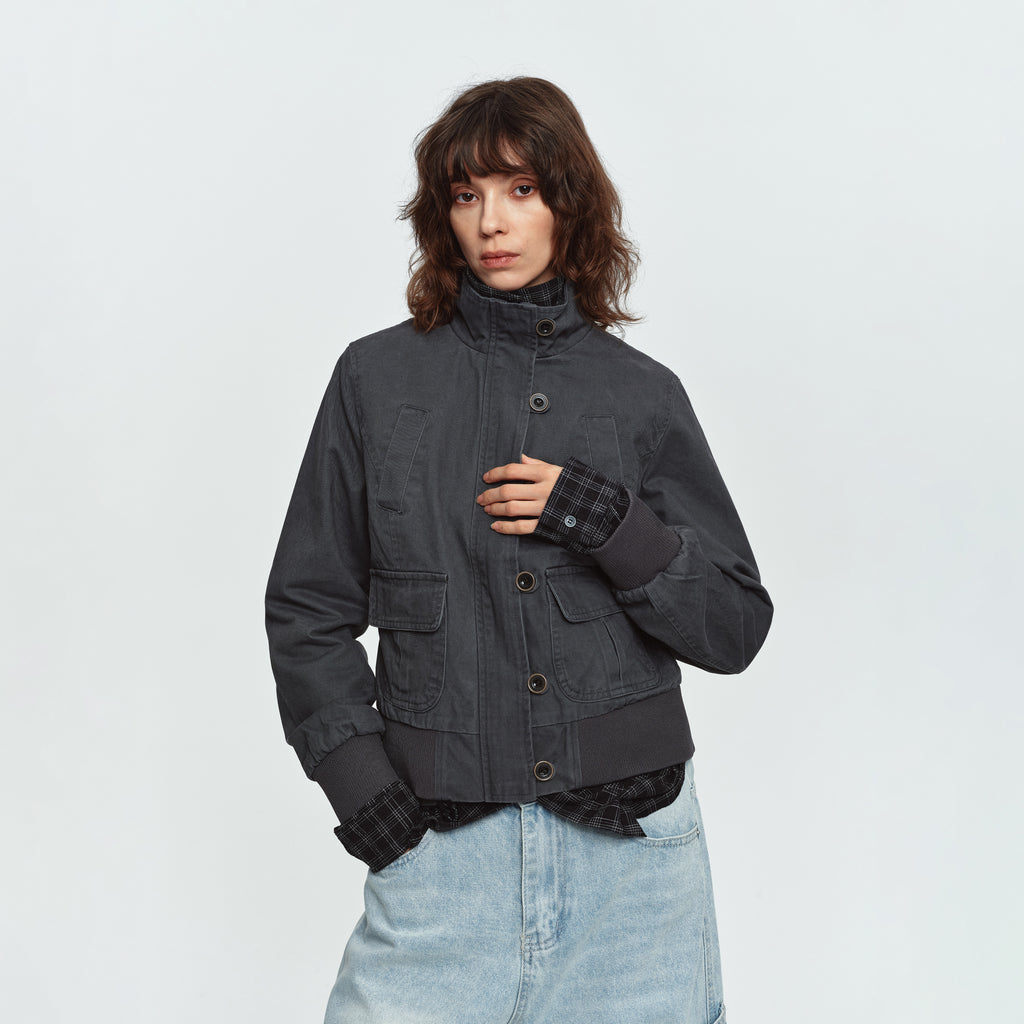 MADWITCH WASHED DISTRESSED MULTI-POCKET STAND-COLLAR CROPPED UTILITY JACKET #N606