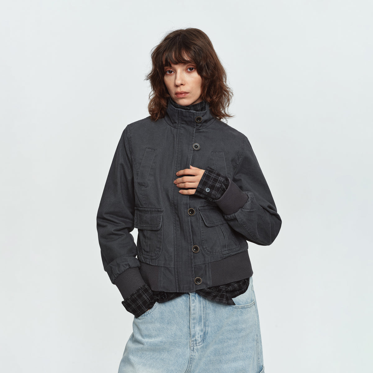 MADWITCH WASHED DISTRESSED MULTI-POCKET STAND-COLLAR CROPPED UTILITY JACKET #N606