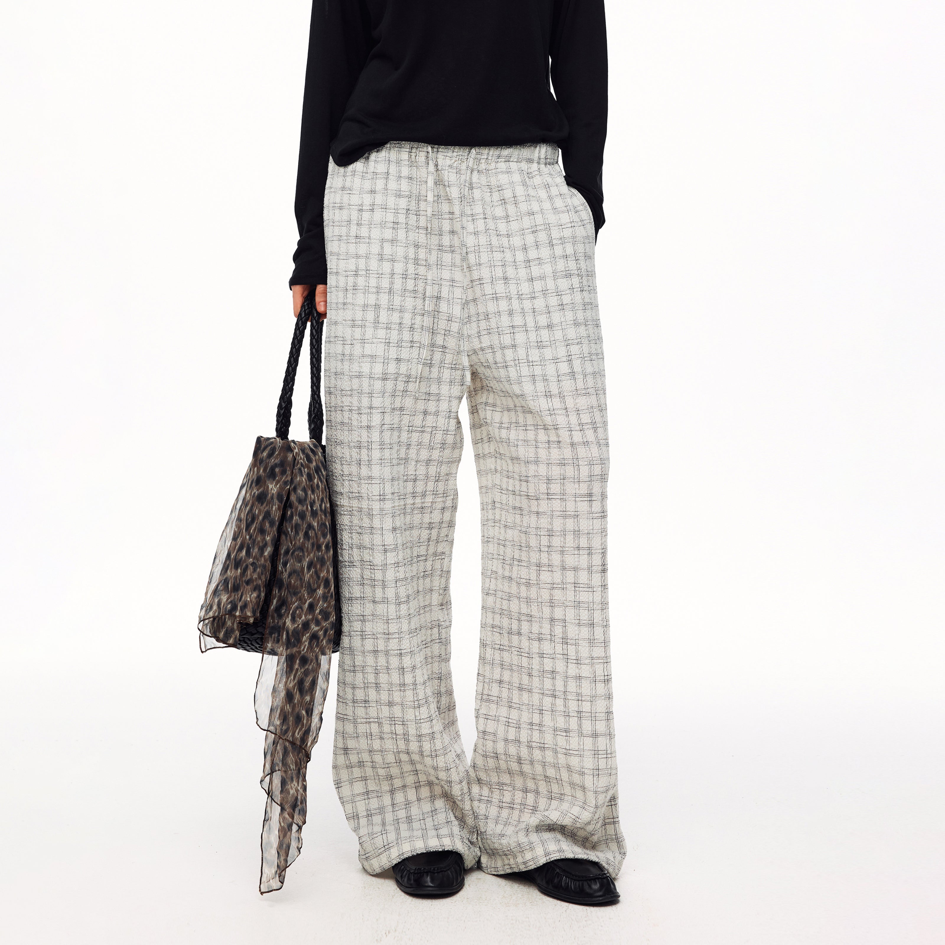 MADWITCH TEXTURED PLAID DRAWSTRING SLOUCHY PANTS #CK61088