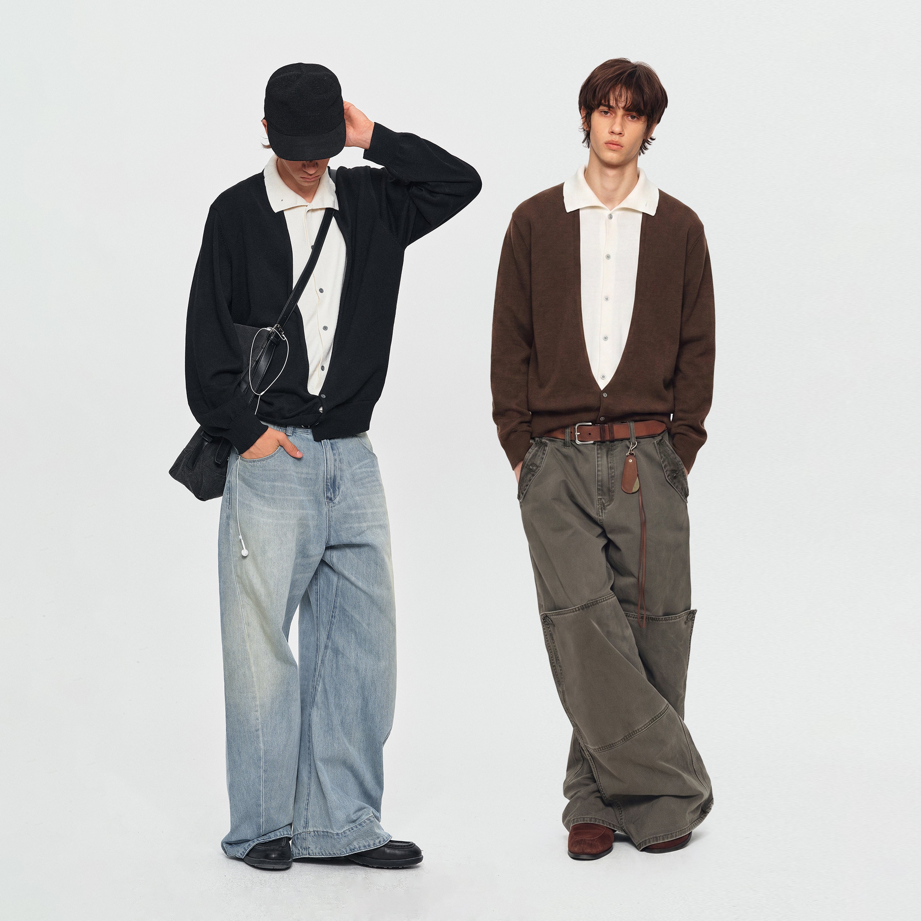 MADWITCH LAYERED SHIRT-COLLAR CONTRAST-PLACKET KNIT CARDIGAN #UTU085