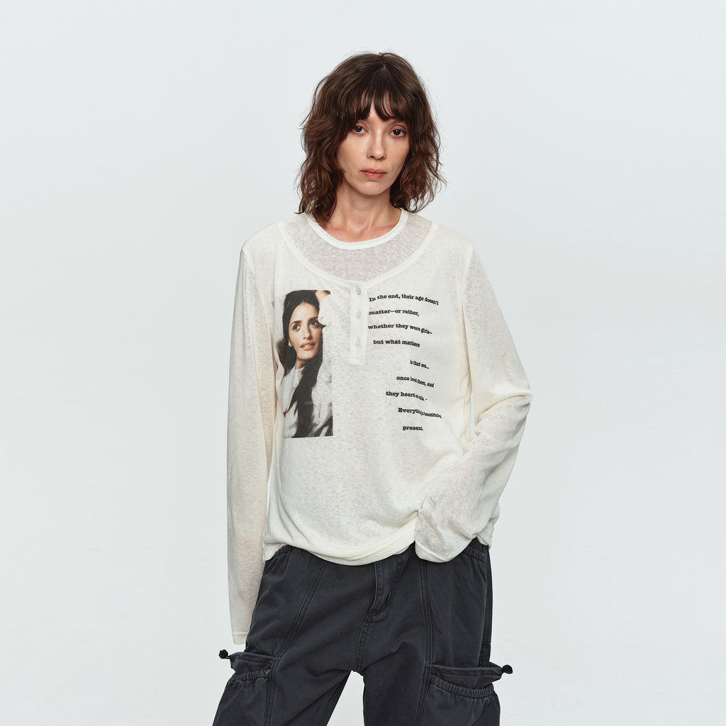 MADWITCH SHEER LAYERED GRAPHIC LYOCELL LONG-SLEEVE T-SHIRT #N2305