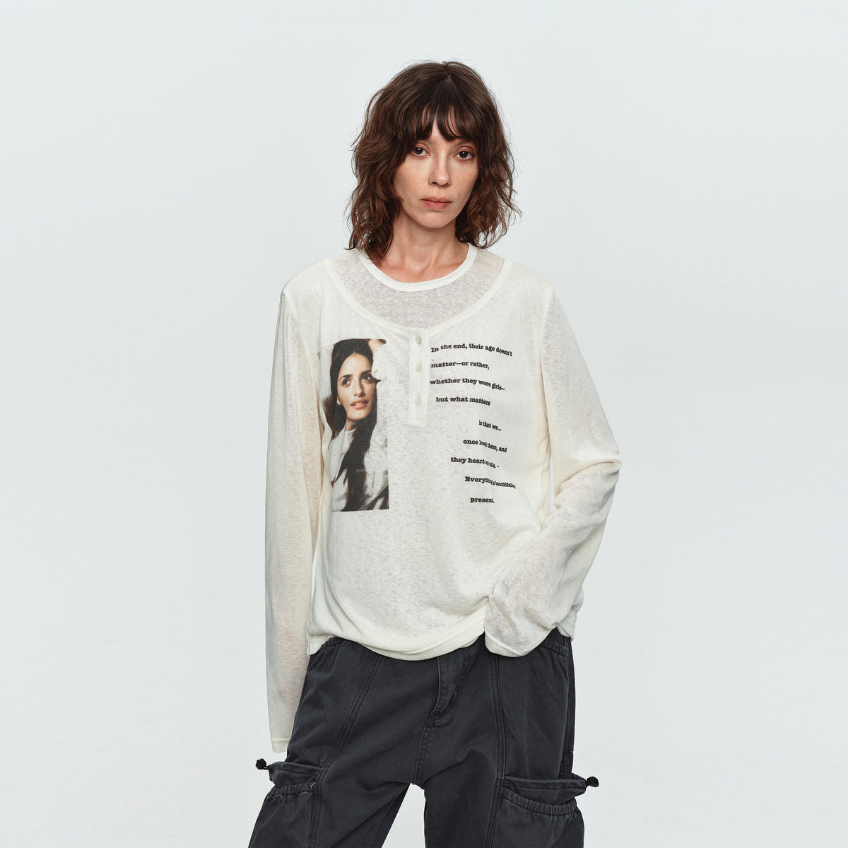 MADWITCH SHEER LAYERED GRAPHIC LYOCELL LONG-SLEEVE T-SHIRT #N2305