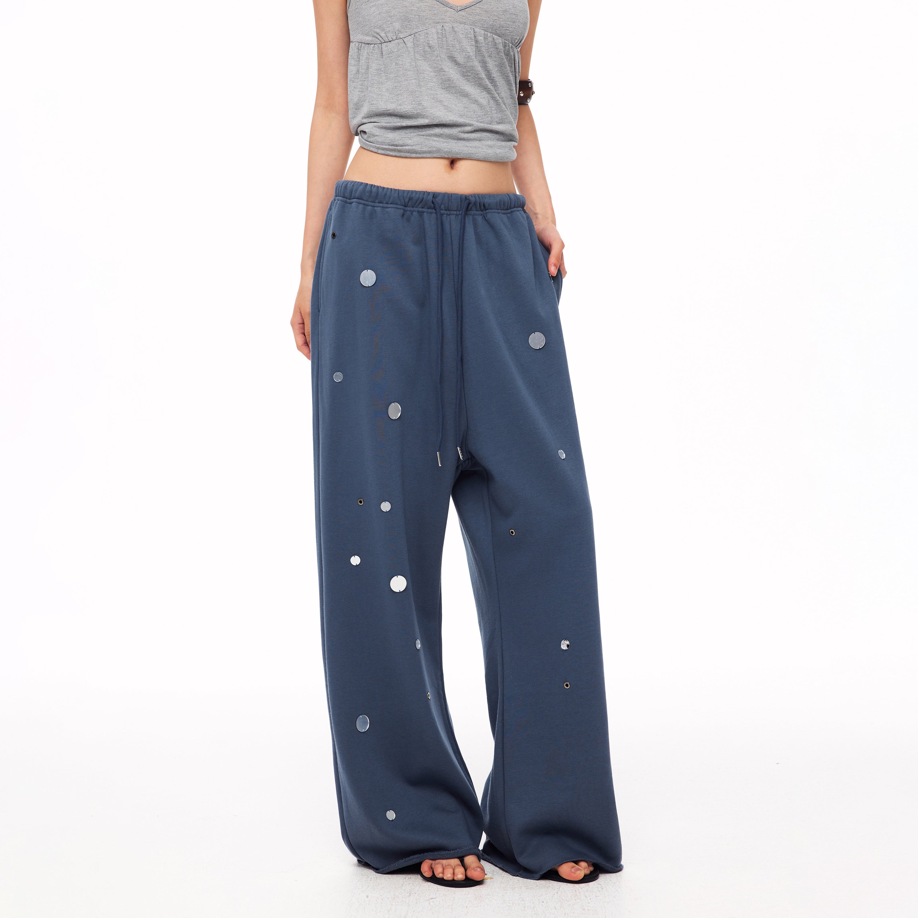 MADWITCH DRAWSTRING MIRROR-DISK WIDE-LEG SWEATPANTS #CK61067