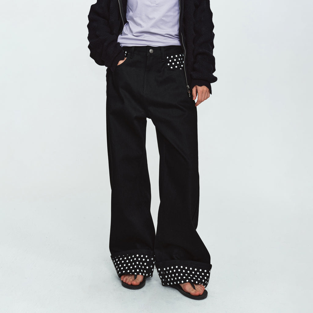 MADWITCH POLKA-DOT PATCHWORK CUFFED WIDE-LEG JEANS #G60087