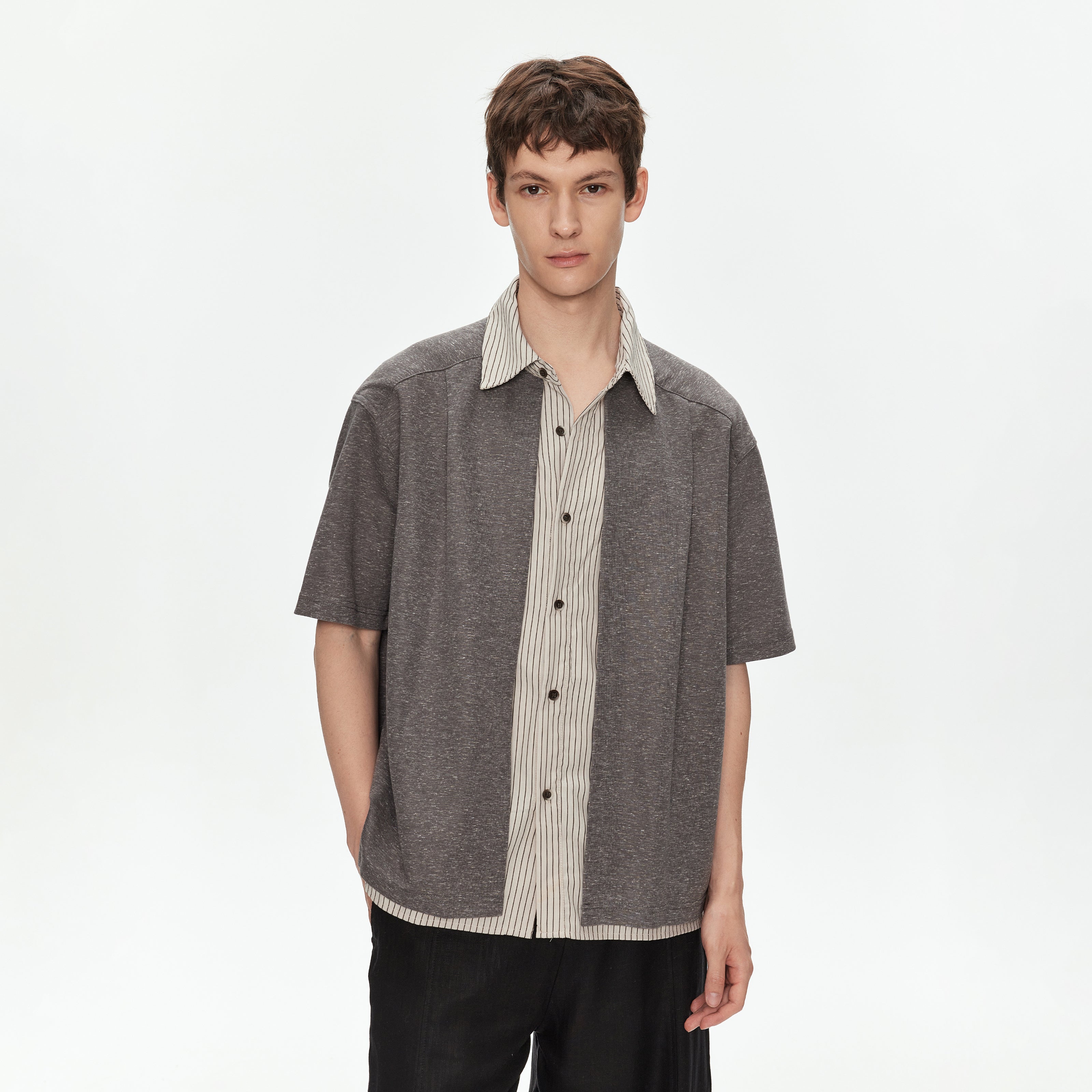 MADWITCH LINEN BLEND SHIRT COLLAR TEE #880925