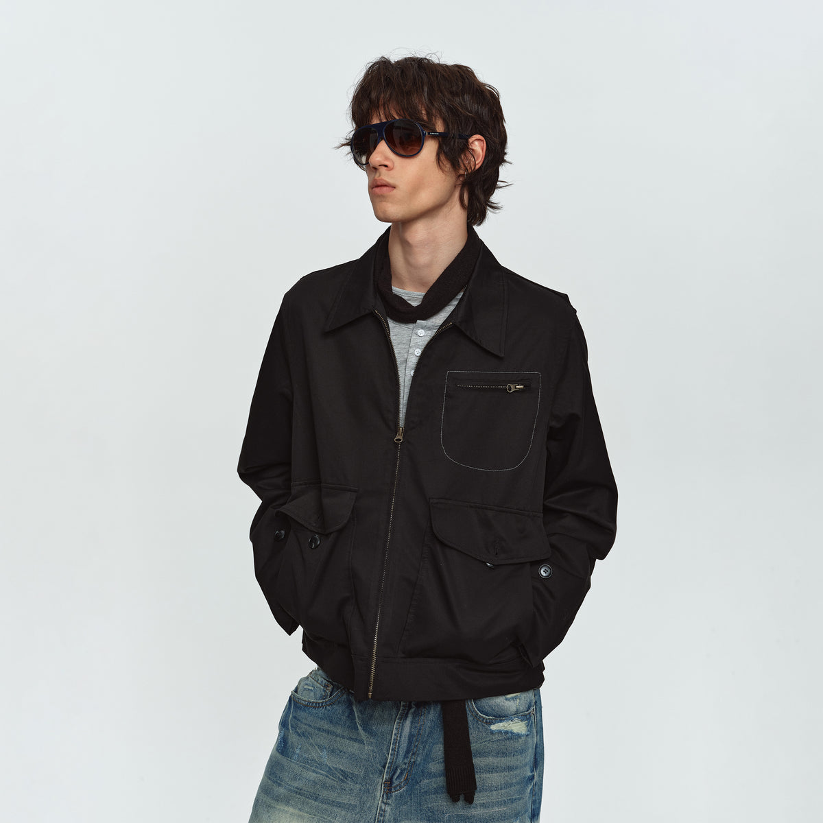 MADWITCH CONTRAST-STITCH MULTI-POCKET COLLARED UTILITY JACKET #GPCW1379