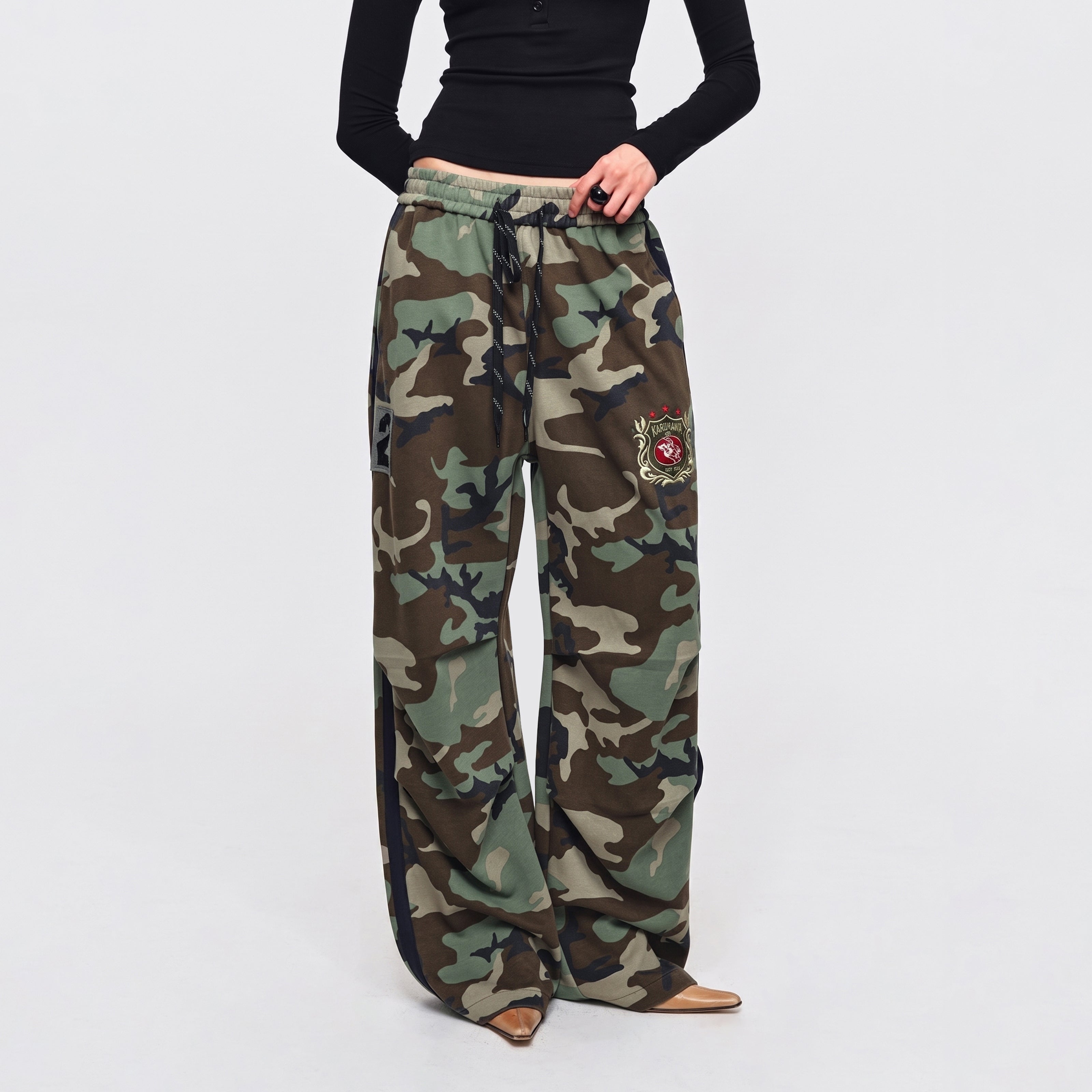 MADWITCH EMBROIDERED SIDE-STRIPE CAMO WIDE-LEG PANTS #CK61091