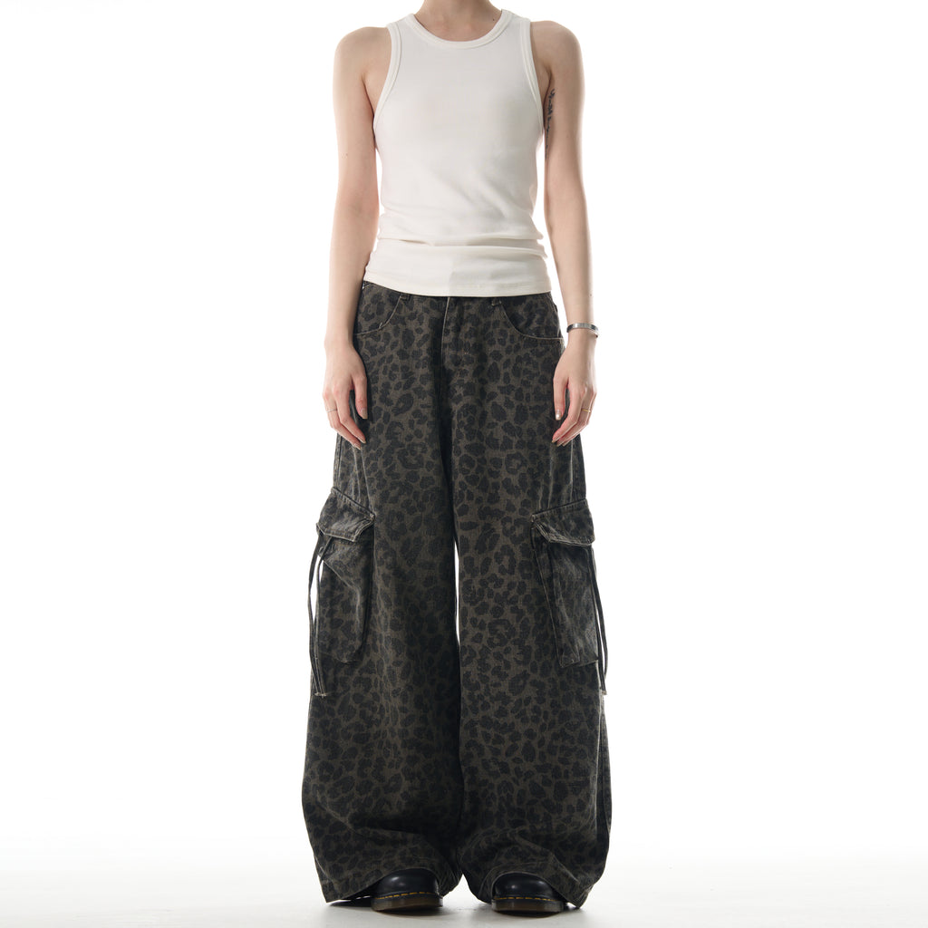 MADWITCH LEOPARD PRINT WIDE-LEG CARGO PANTS #RK179