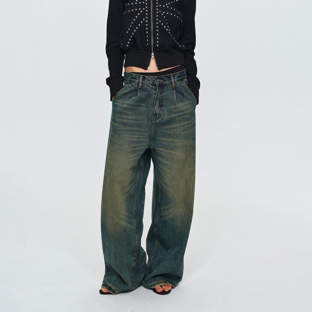 MADWITCH DOUBLE-PLEATED WASHED WIDE-LEG JEANS #CK9853