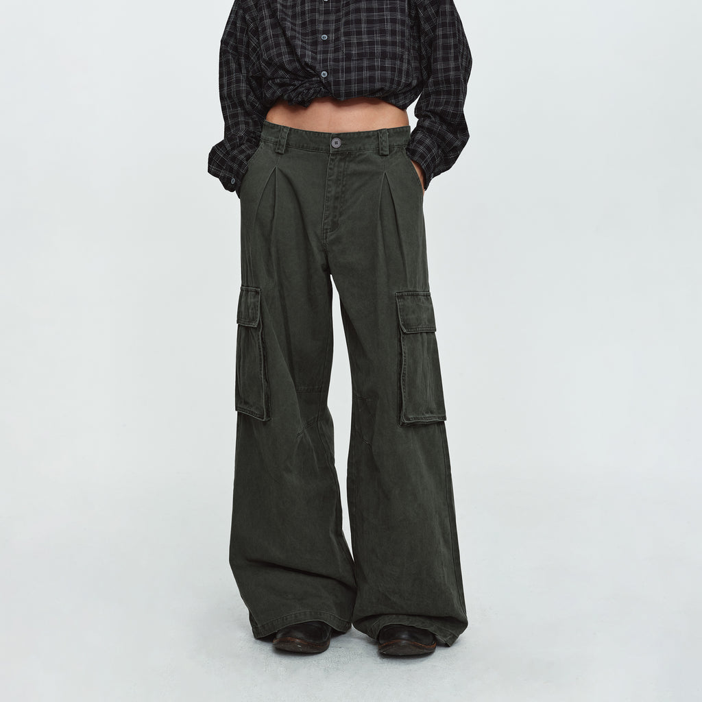 MADWITCH PLEATED WASHED CARGO WIDE-LEG TROUSERS #7621