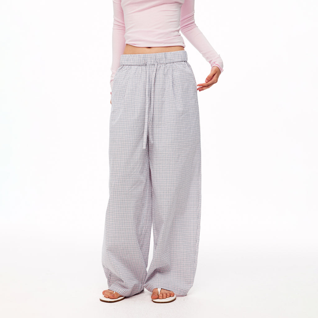 MADWITCH MINIMALIST PLAID DRAWSTRING WIDE-LEG PANTS #CK61081