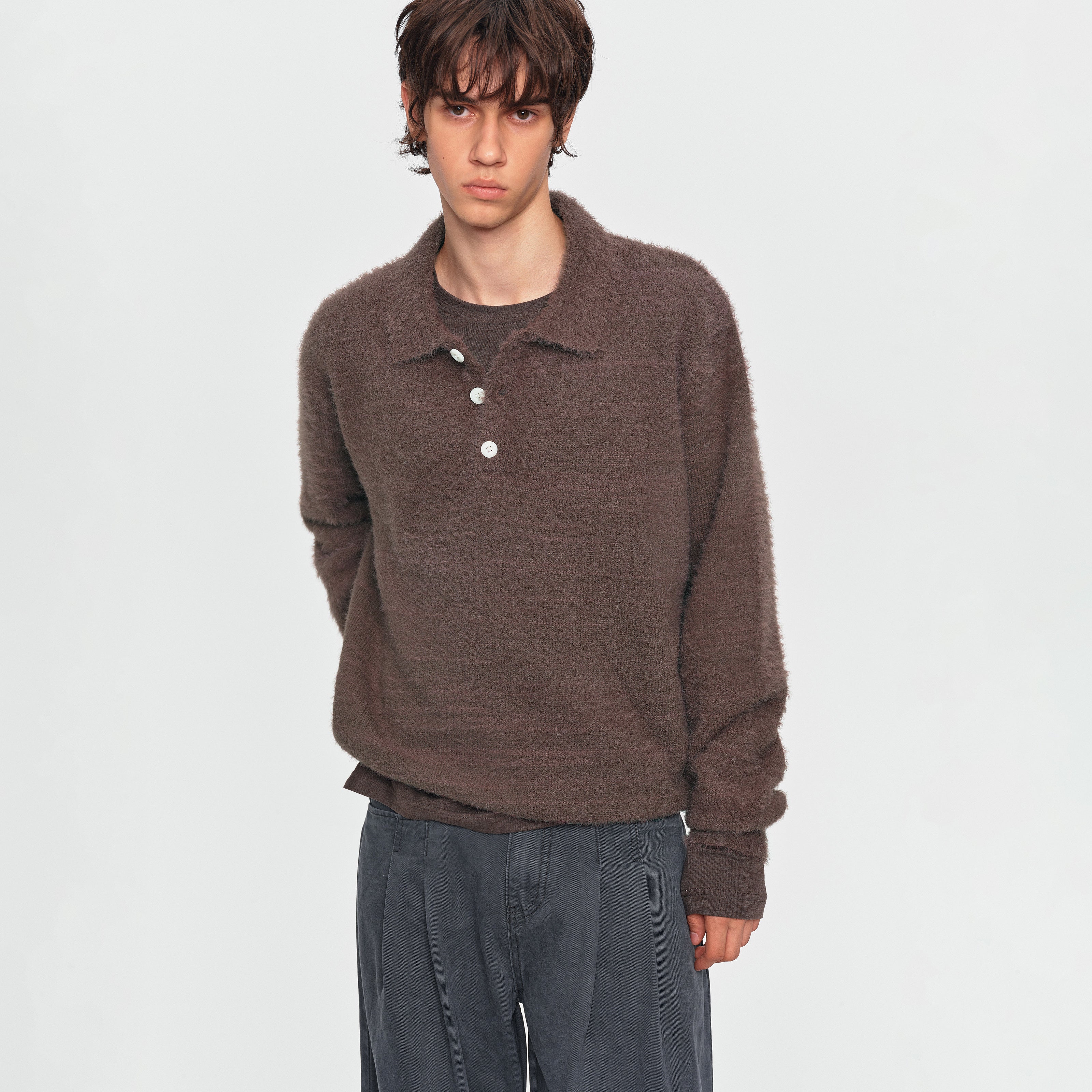 MADWITCH FAUX-MINK POLO KNIT SWEATER #RM34