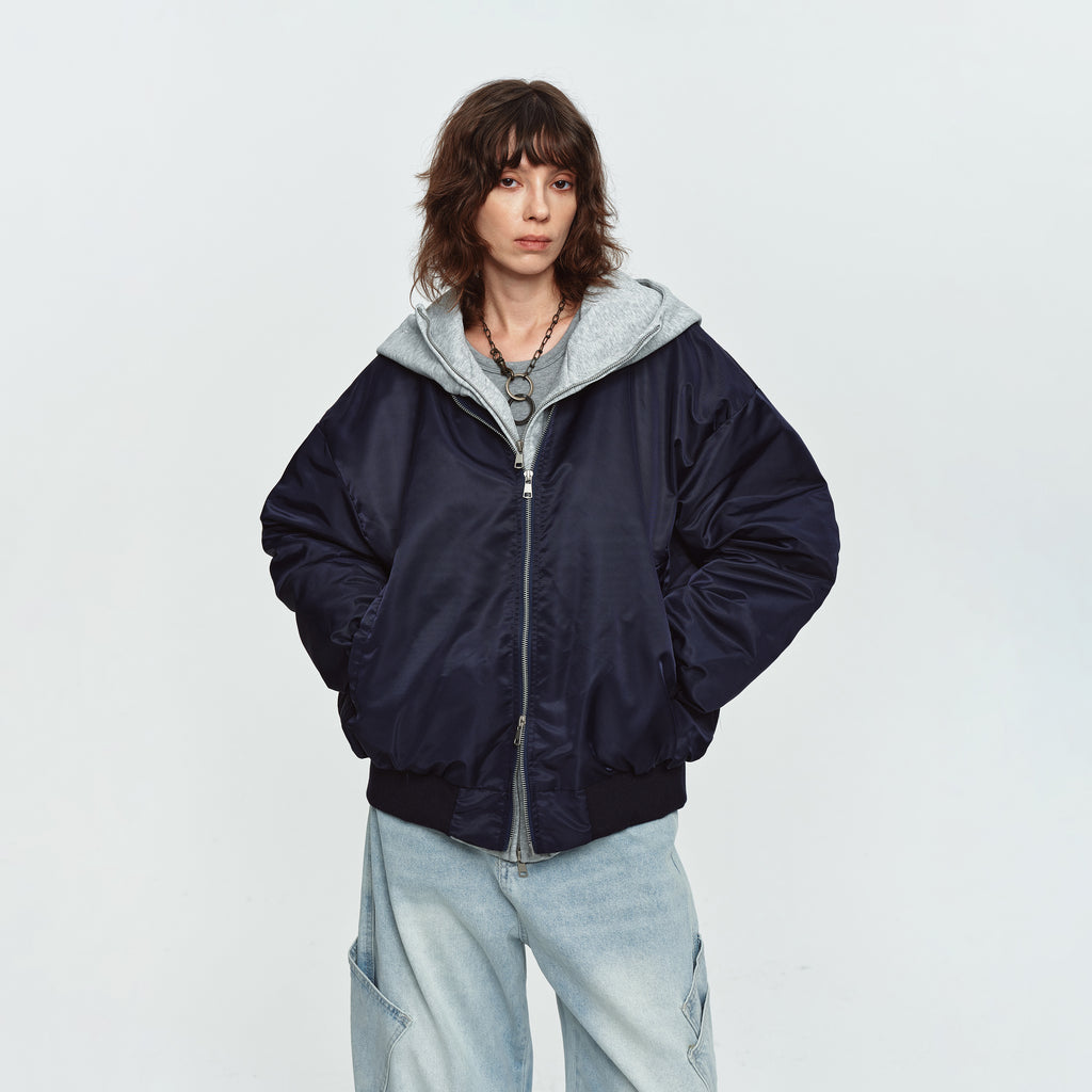 MADWITCH LAYERED HOODED DUAL-ZIP BOMBER JACKET #C2026382