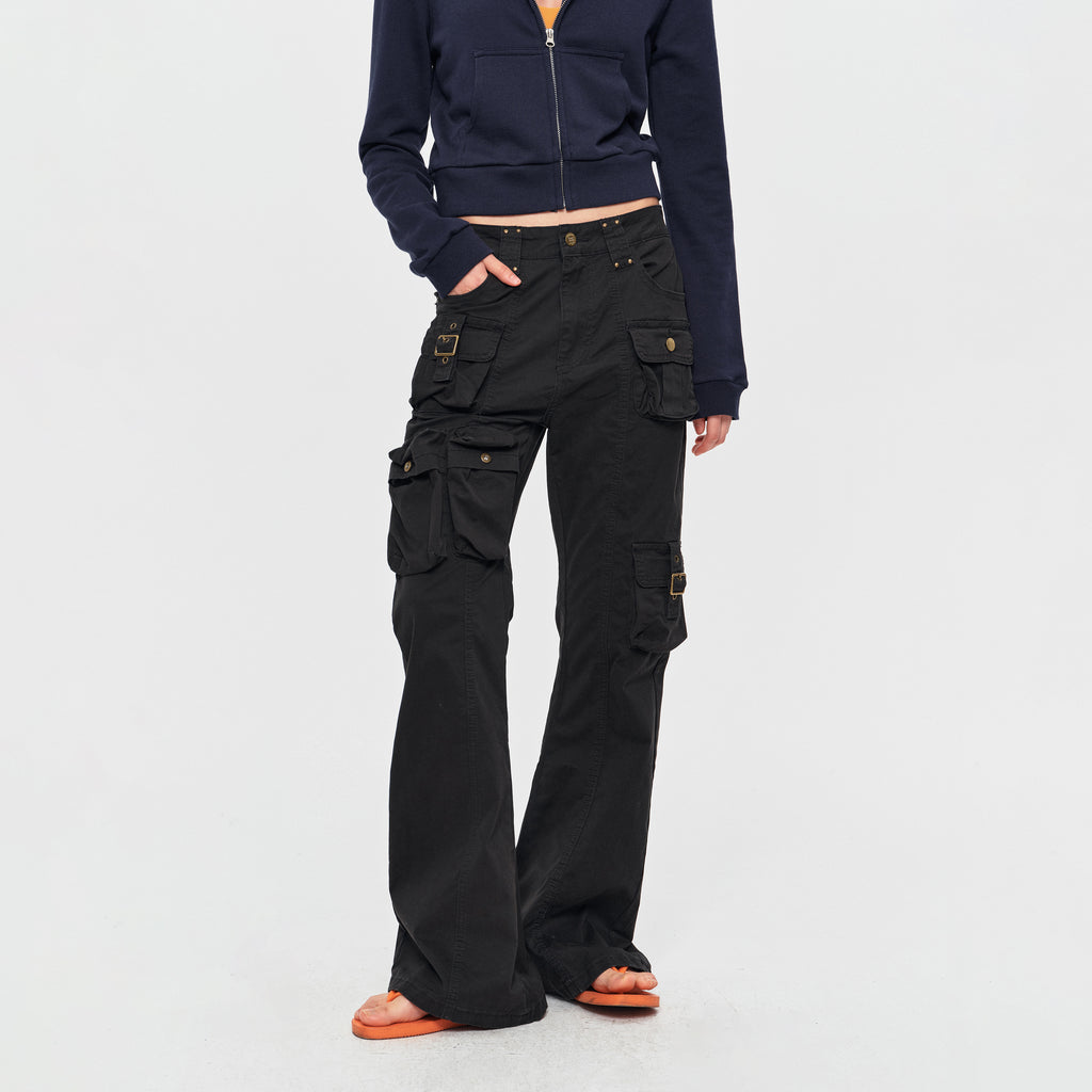 MADWITCH STUDDED LOW-RISE FLARED CARGO PANTS #CN3657