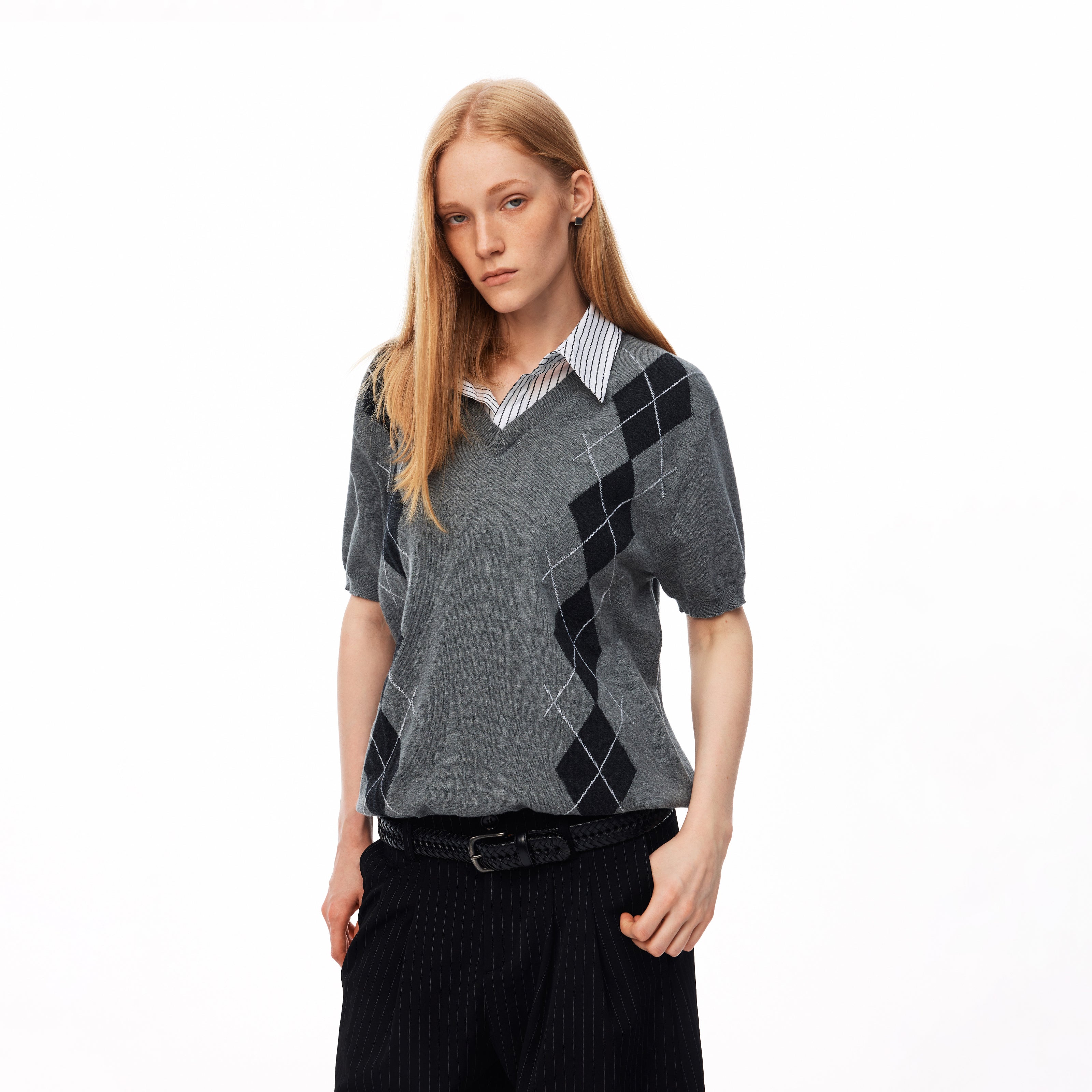MADWITCH PREPPY ARGENTINA V-NECK SHIRT COLLAR KNIT TEE #991330