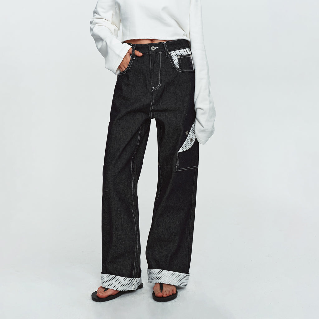 MADWITCH POLKA-DOT PATCHWORK CUFFED WIDE-LEG JEANS #G60107