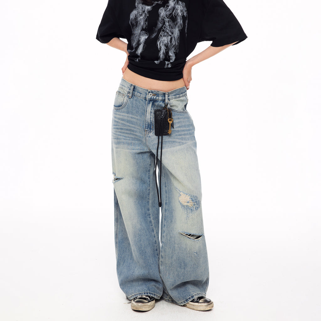 MADWITCH DISTRESSED BUCKLE-BACK WIDE-LEG JEANS #CK9839