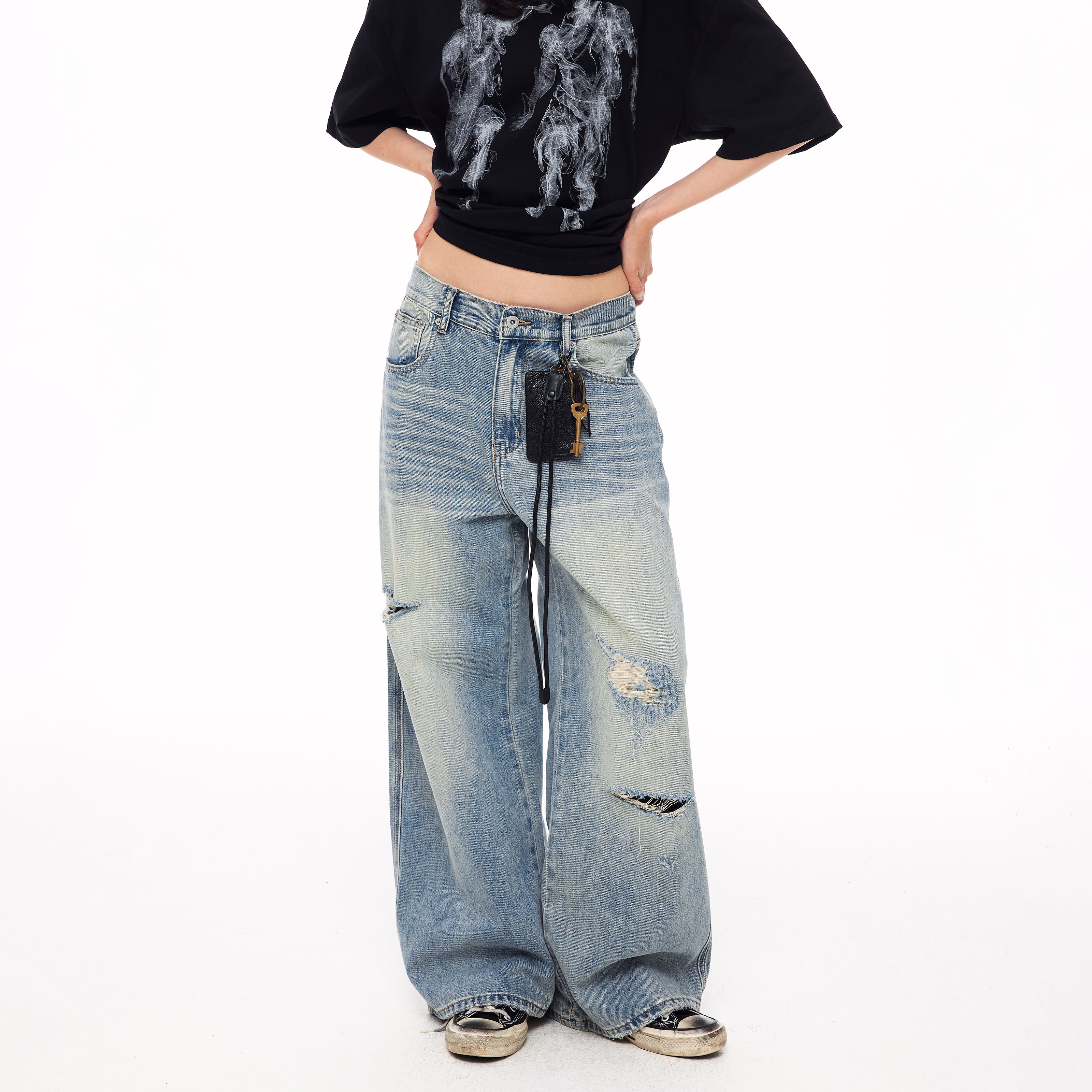MADWITCH DISTRESSED BUCKLE-BACK WIDE-LEG JEANS #CK9839
