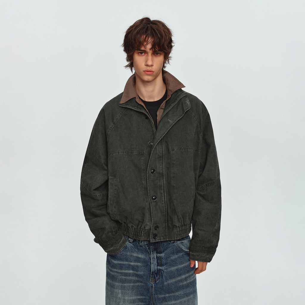 MADWITCH WASHED STAND-COLLAR RIBBED-HEM JACKET #AW26608