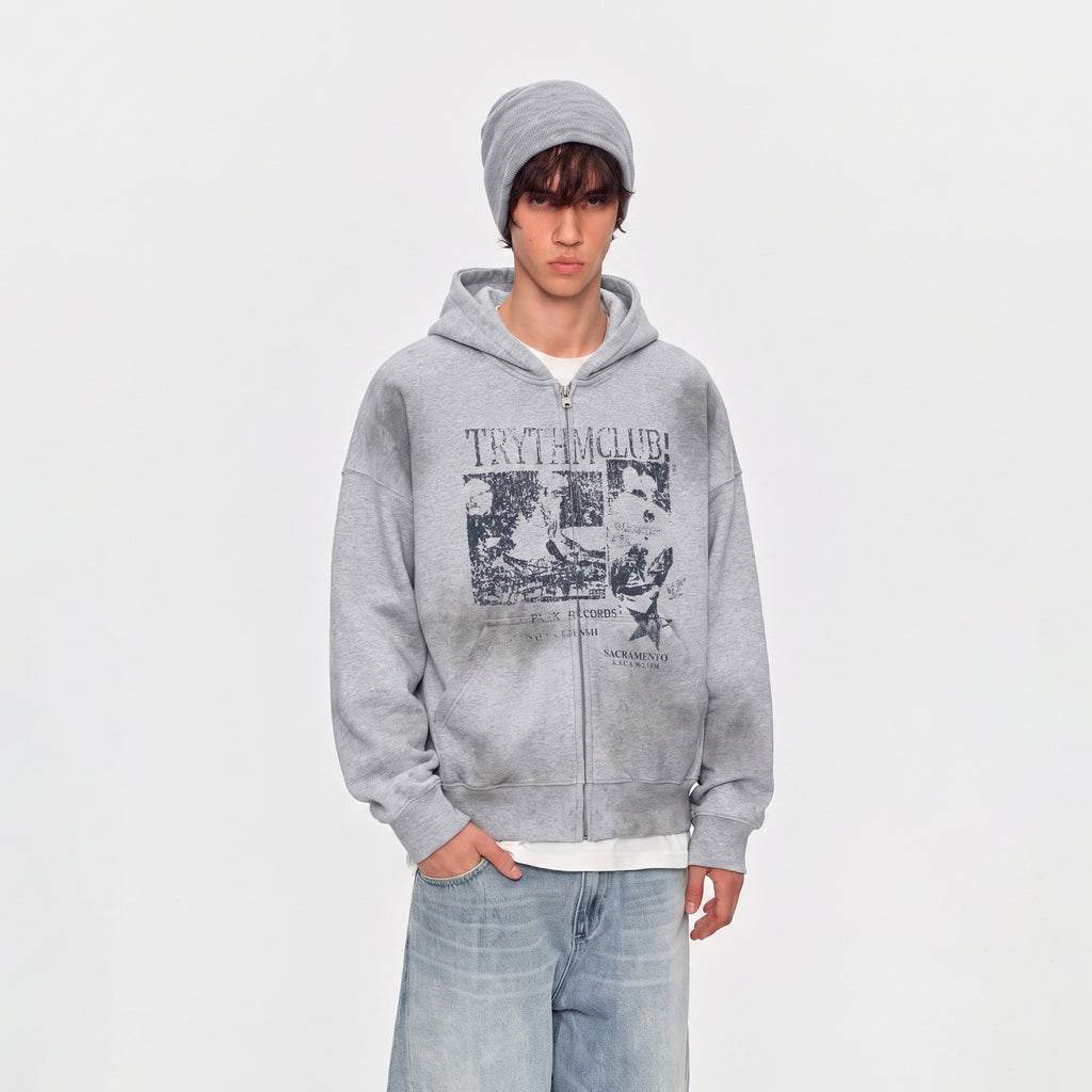 MADWITCH RECORD-PRINT WASHED ZIP HOODIE #27560