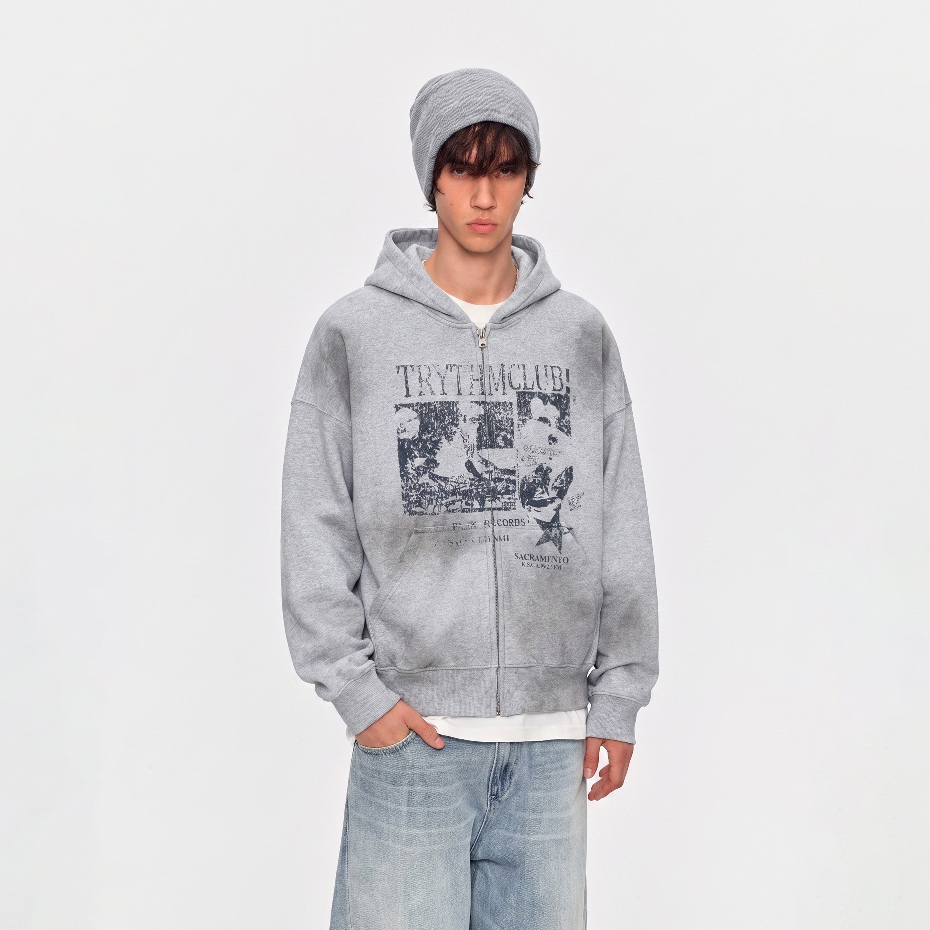 MADWITCH RECORD-PRINT WASHED ZIP HOODIE #27560