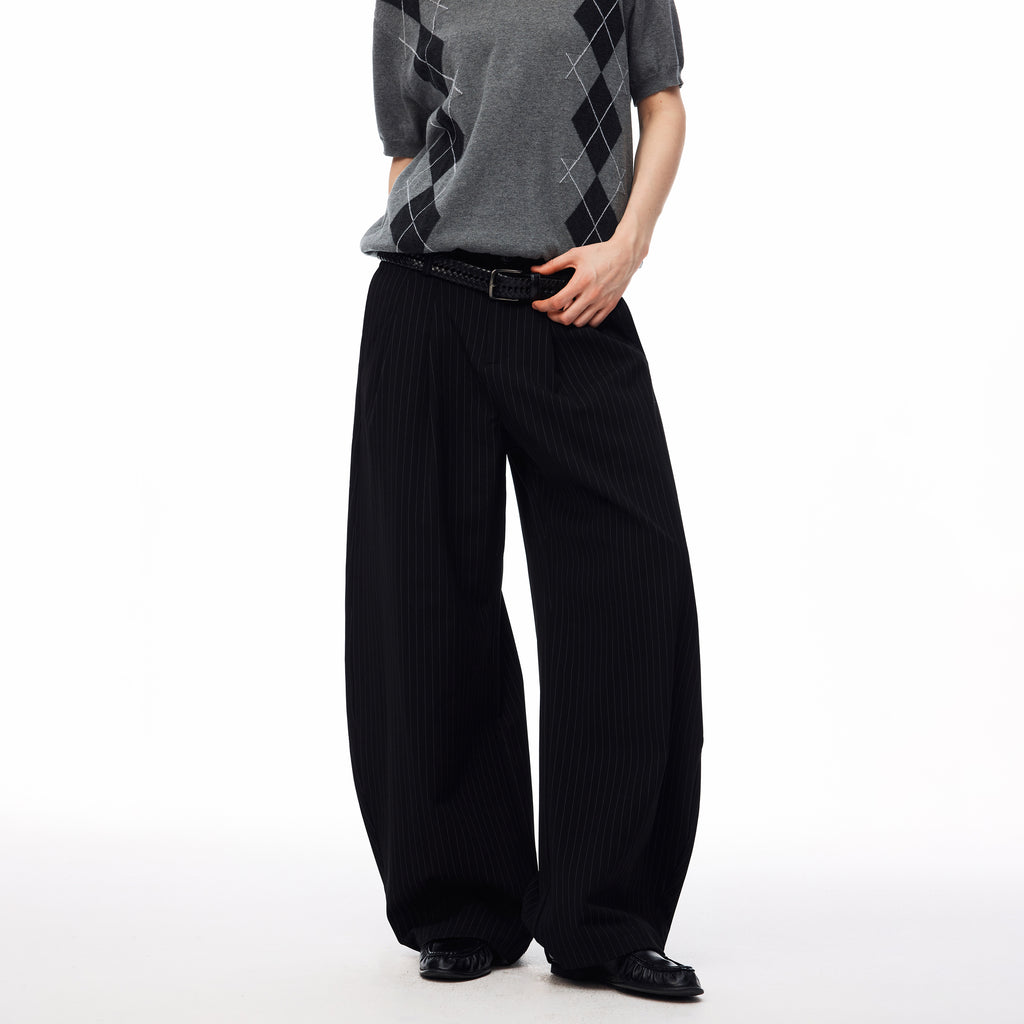 MADWITCH STRIPED PLEATED CURVED WIDE-LEG PANTS #CK61039