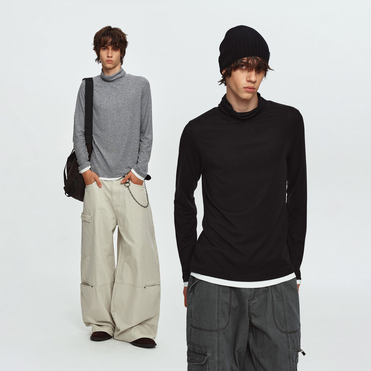 MADWITCH CONTRAST-LAYERED LYOCELL HIGH-NECK SLIM-FIT LONGSLEEVE TEE #AW26144