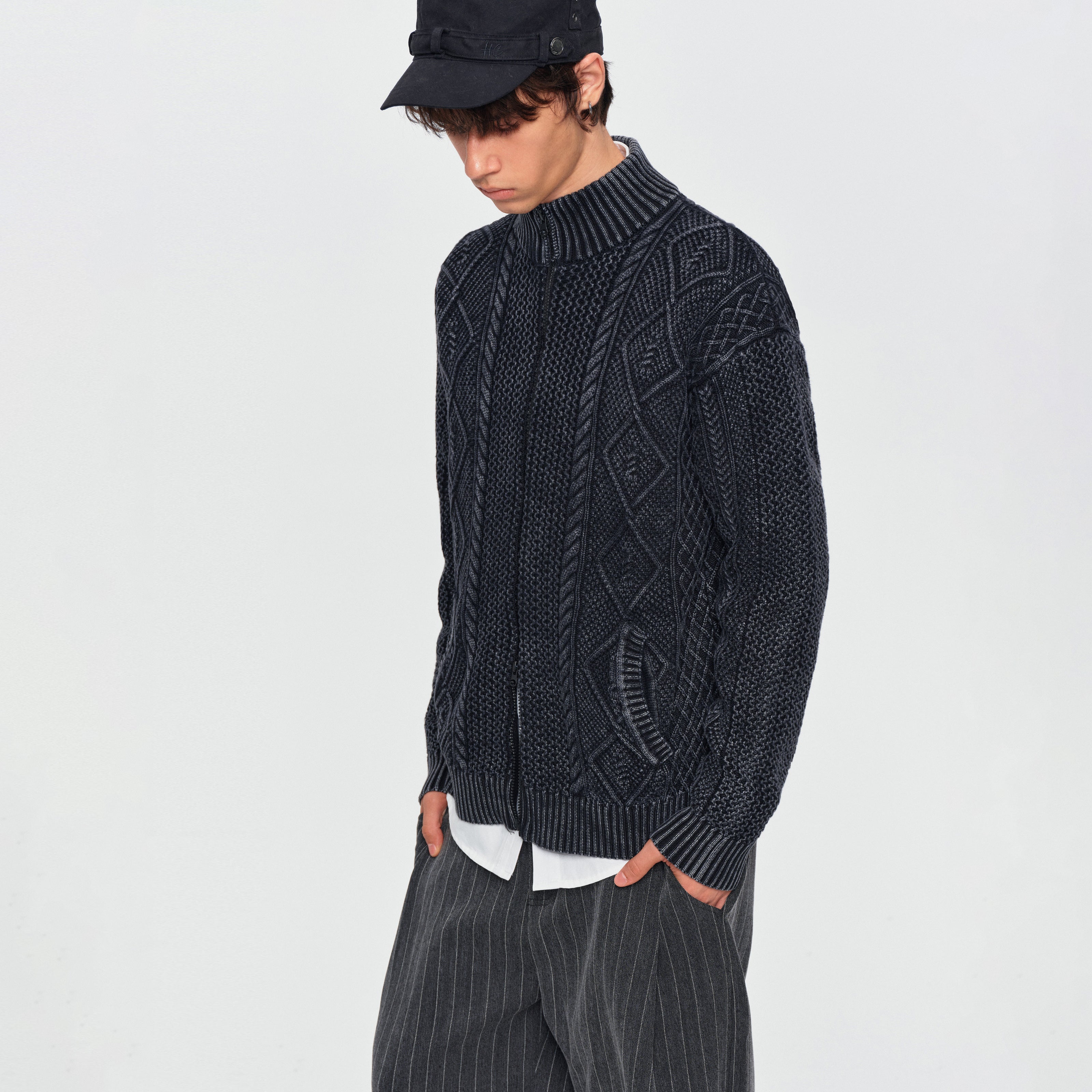 MADWITCH CABLE-KNIT ZIP-UP CARDIGAN #GPMYC022