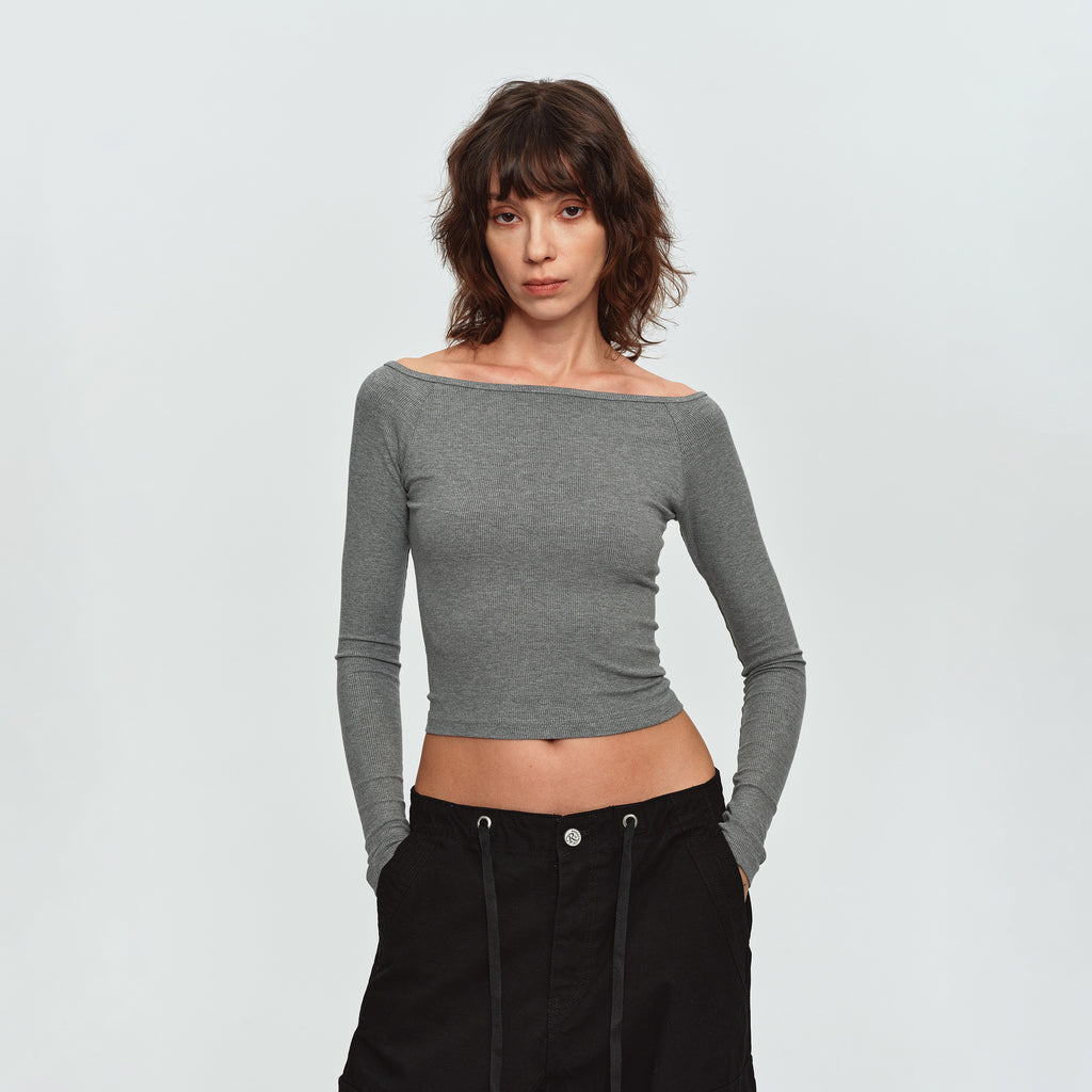 MADWITCH OFF-SHOULDER RIBBED CROPPED LONG-SLEEVE TOP #2026105