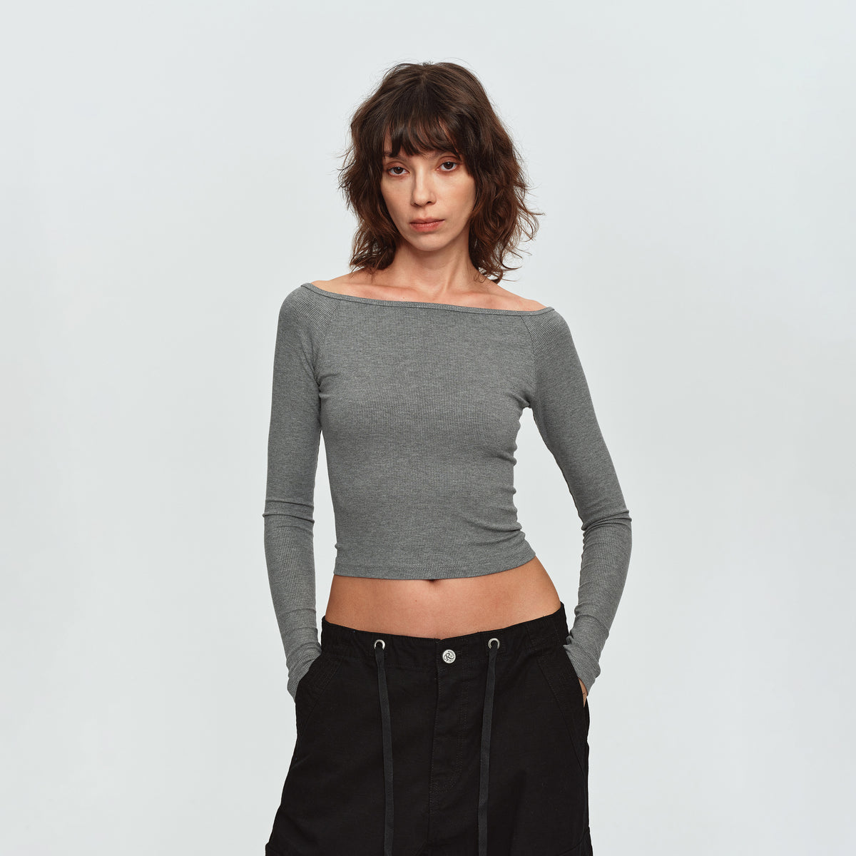 MADWITCH OFF-SHOULDER RIBBED CROPPED LONG-SLEEVE TOP #2026105