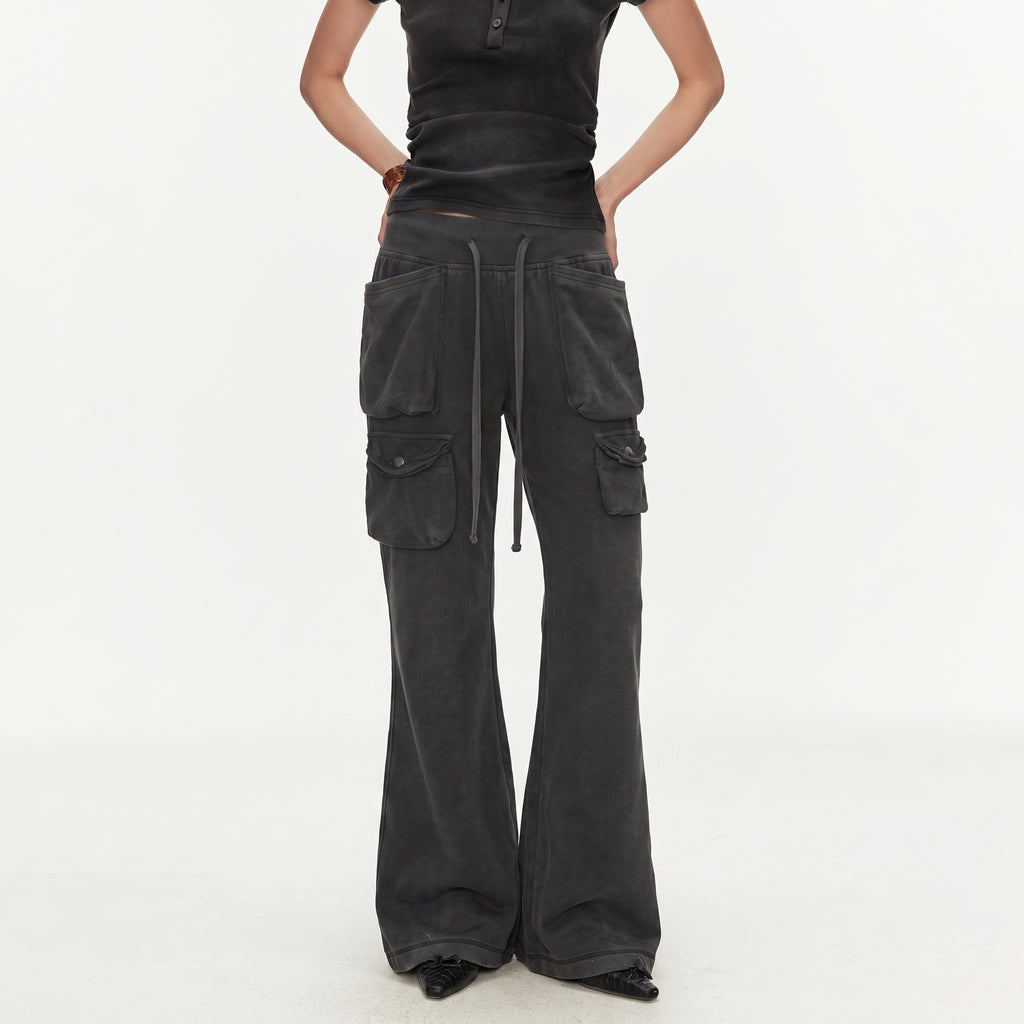 MADWITCH WASHED DISTRESSED MULTI-POCKET FLARE SWEATPANTS #CN61065