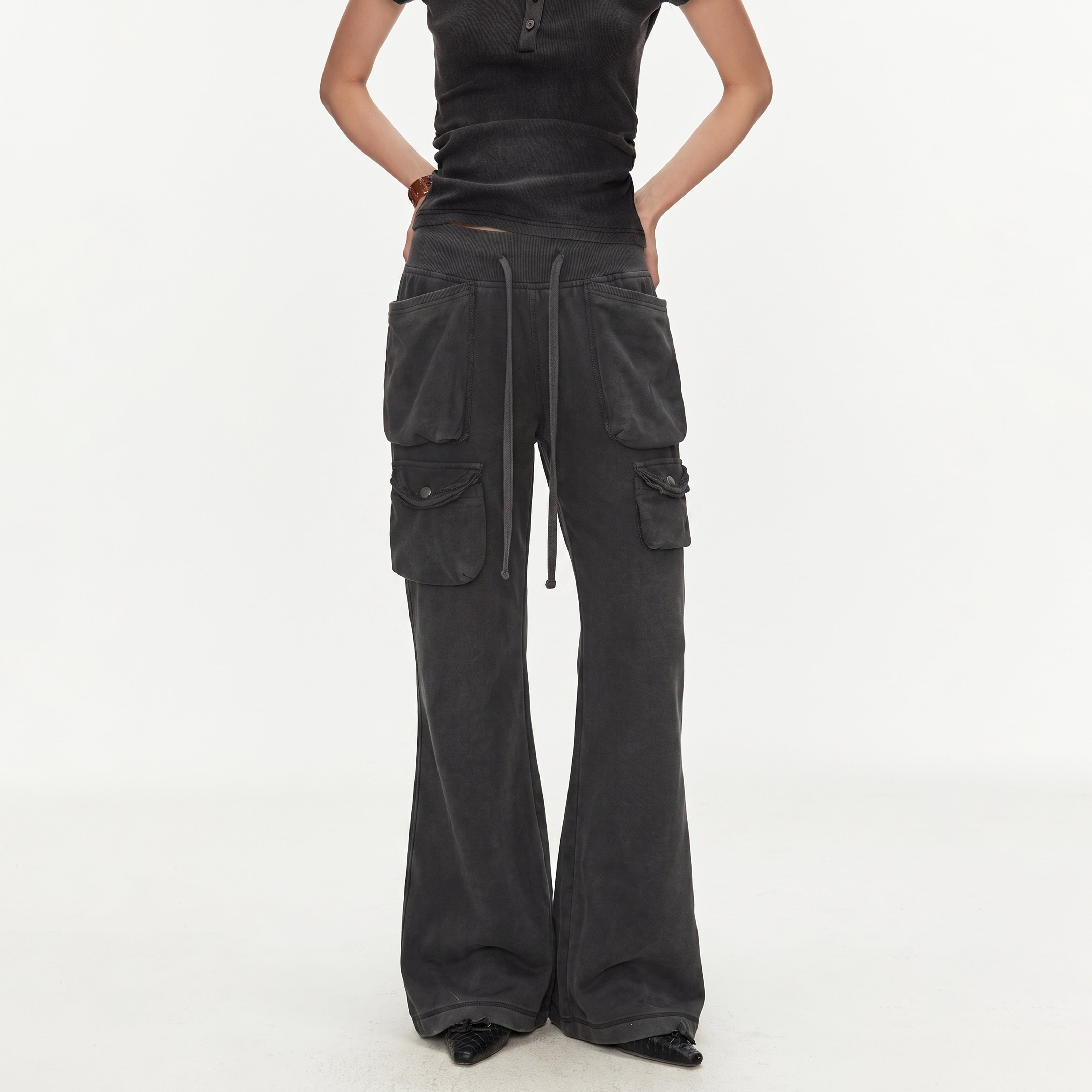 MADWITCH WASHED DISTRESSED MULTI-POCKET FLARE SWEATPANTS #CN61065