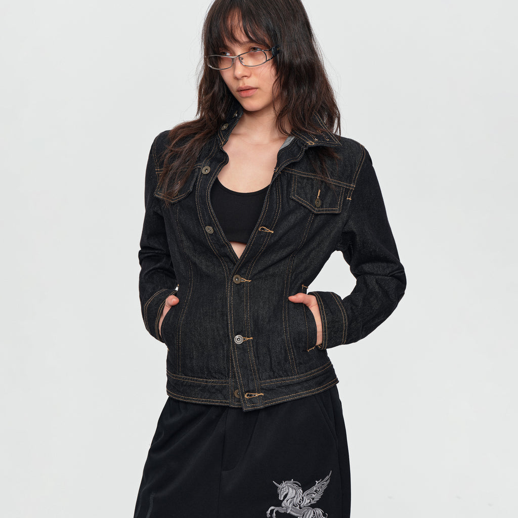 MADWITCH CONTRAST-STITCH CROPPED DENIM JACKET #Z1649